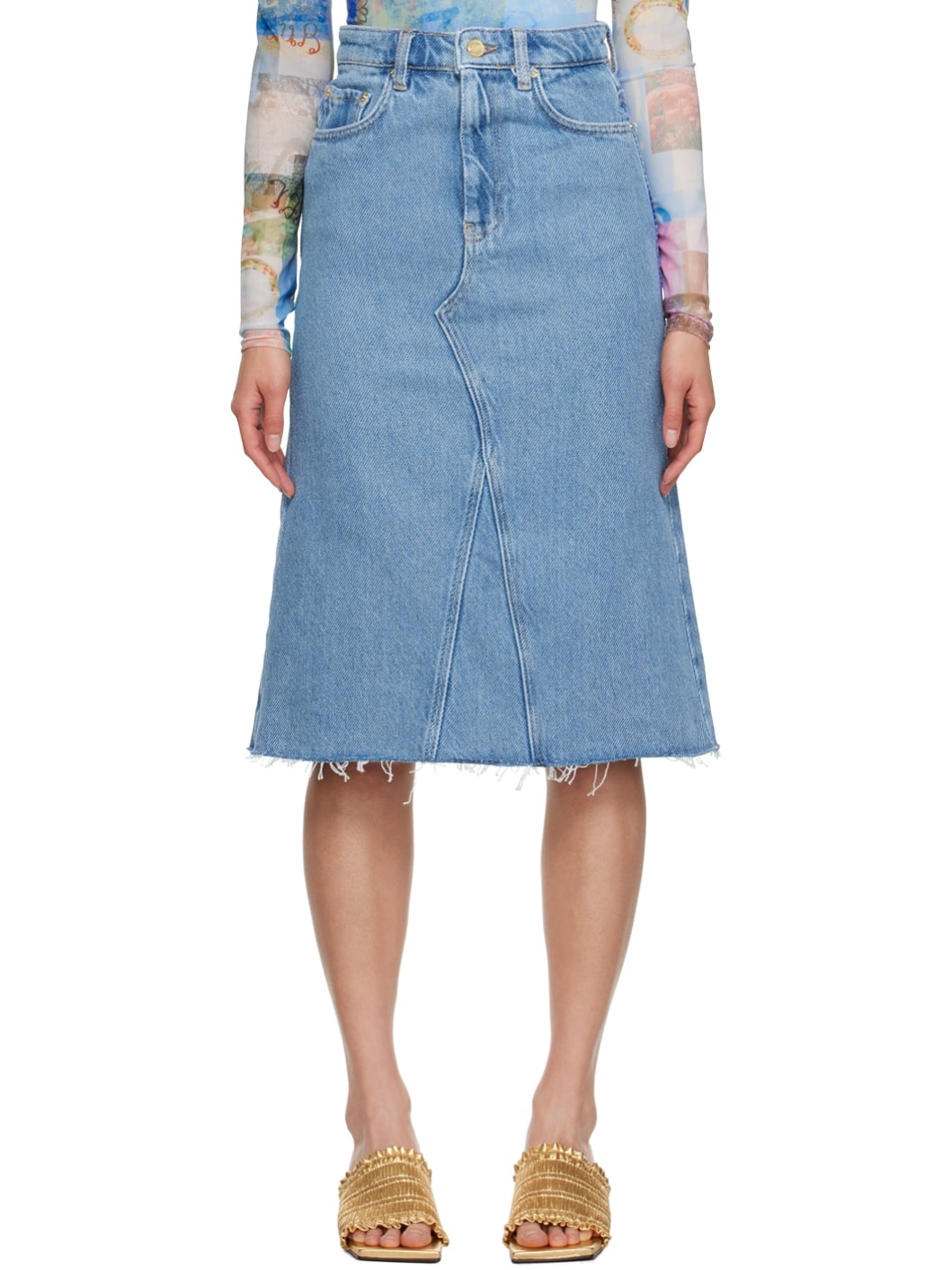 Blue Raw Edge Denim Midi Skirt - 1