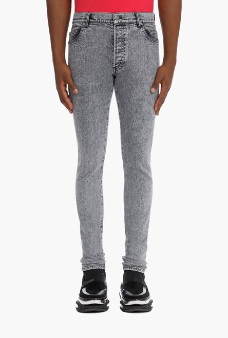 Slim gray cotton jeans with Balmain monogram - 5