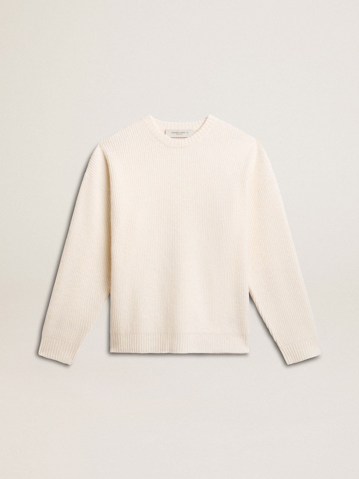 Men's crew-neck sweater in worn white ribbed wool - 1