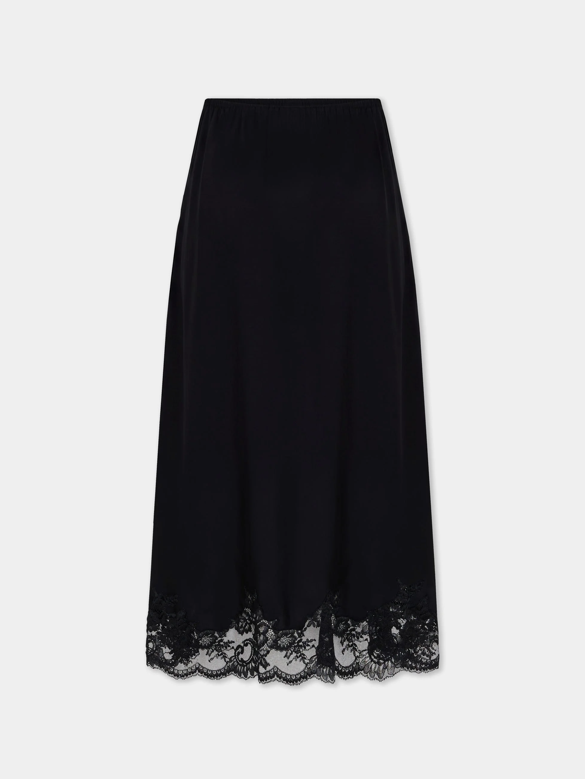 MIDI SKIRT IN BLACK SILK SATIN WITH LACE TRIM - 1