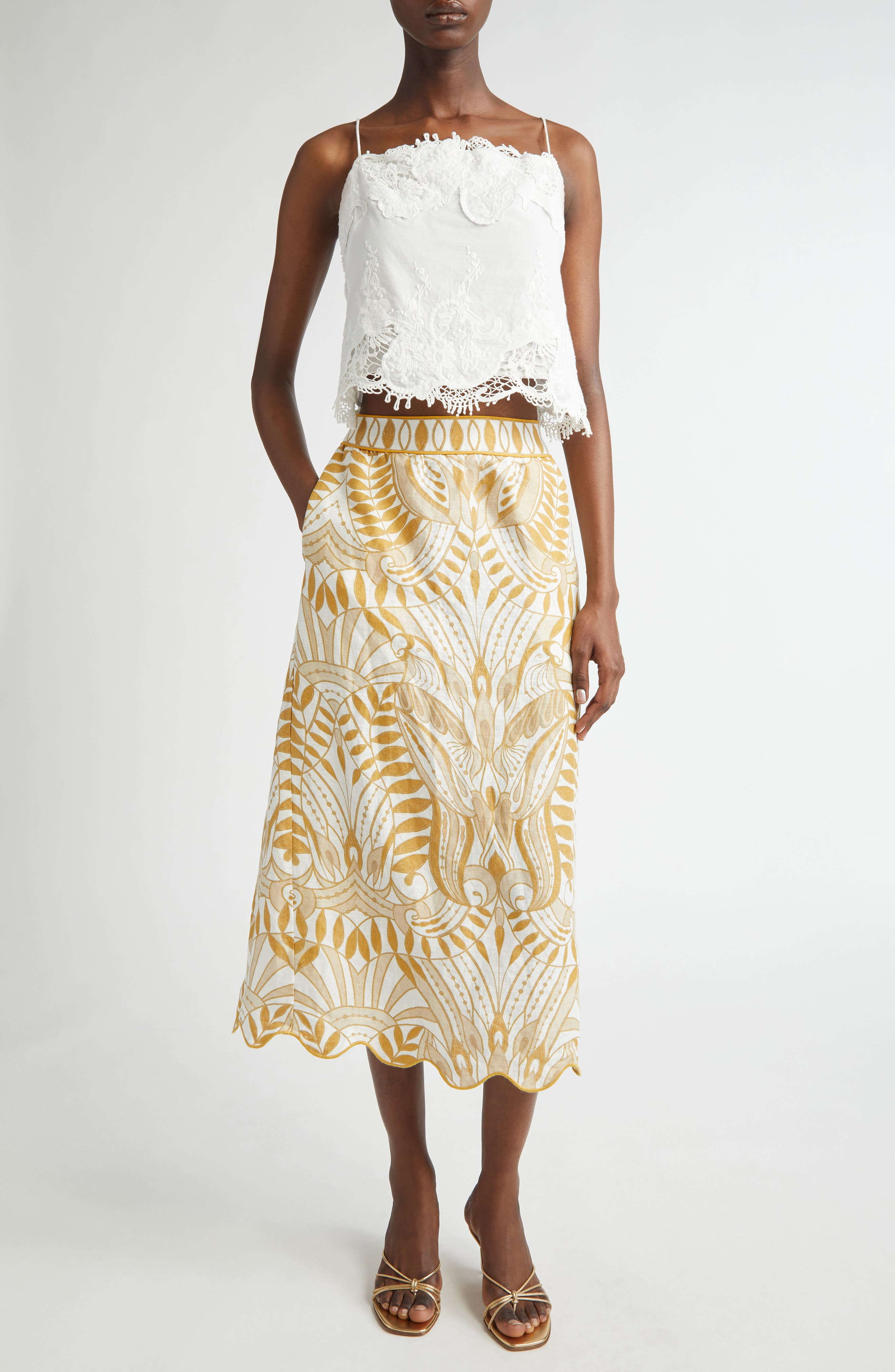 FARM Rio Lace Nature Linen Midi Skirt in Off-White at Nordstrom - 2