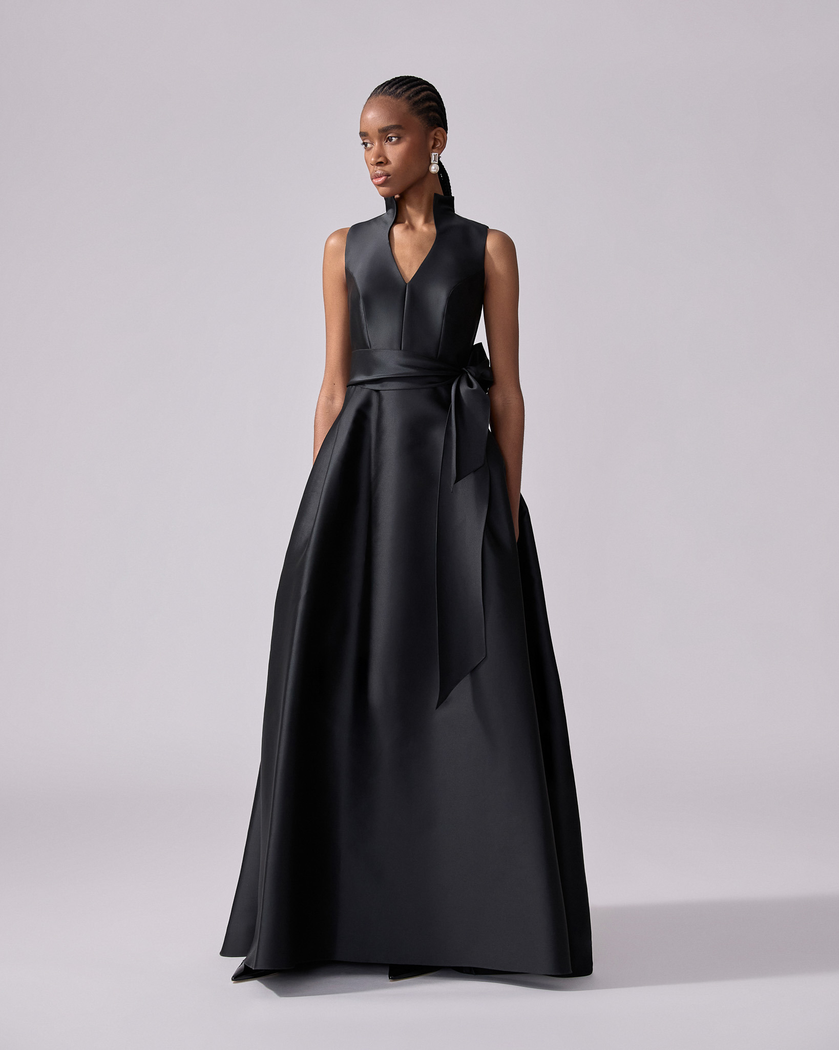 V-neck Gown With Stand Collar And Self Belt - 2