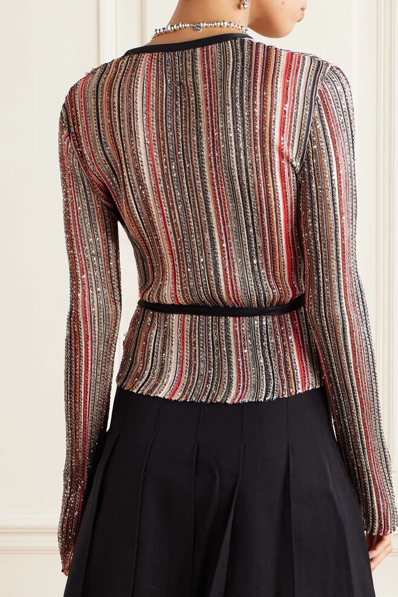 Sequin-embellished striped crochet-knit wrap top - 3