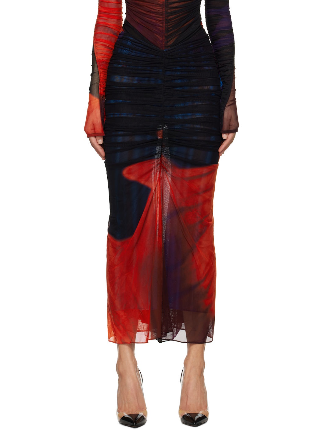 Multicolor Floral Print Ruched Mesh Midi Skirt - 1