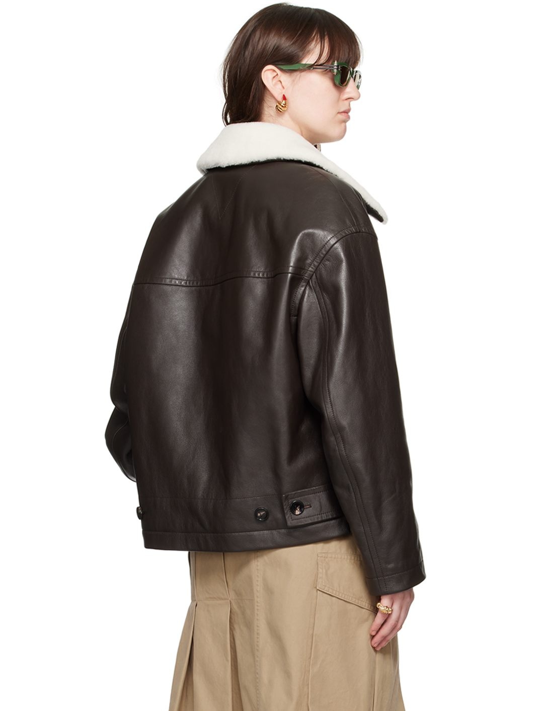 Brown Detachable Collar Leather Jacket - 3
