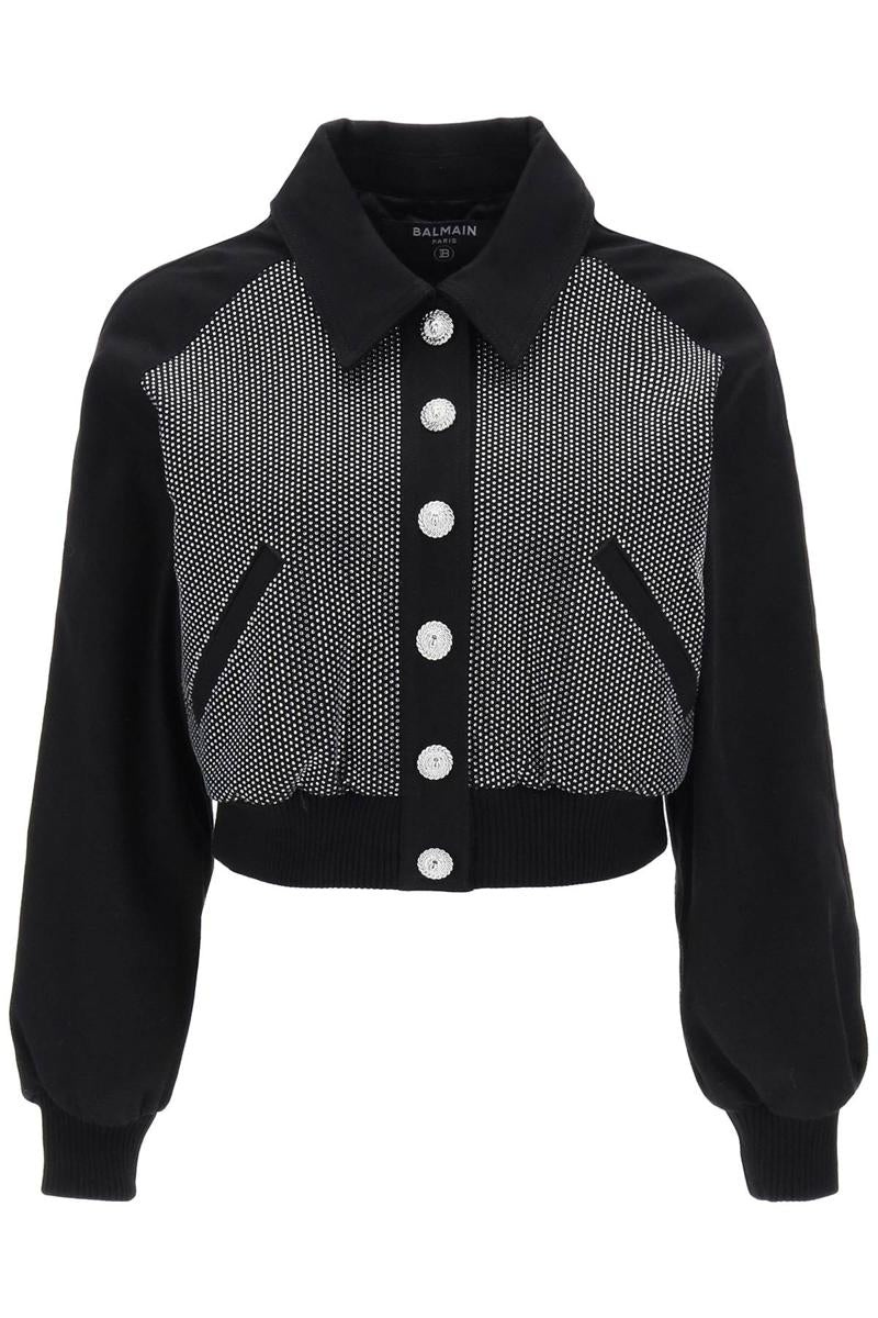 BALMAIN DENIM BLOUSON JACKET WITH RHINESTONES - 1