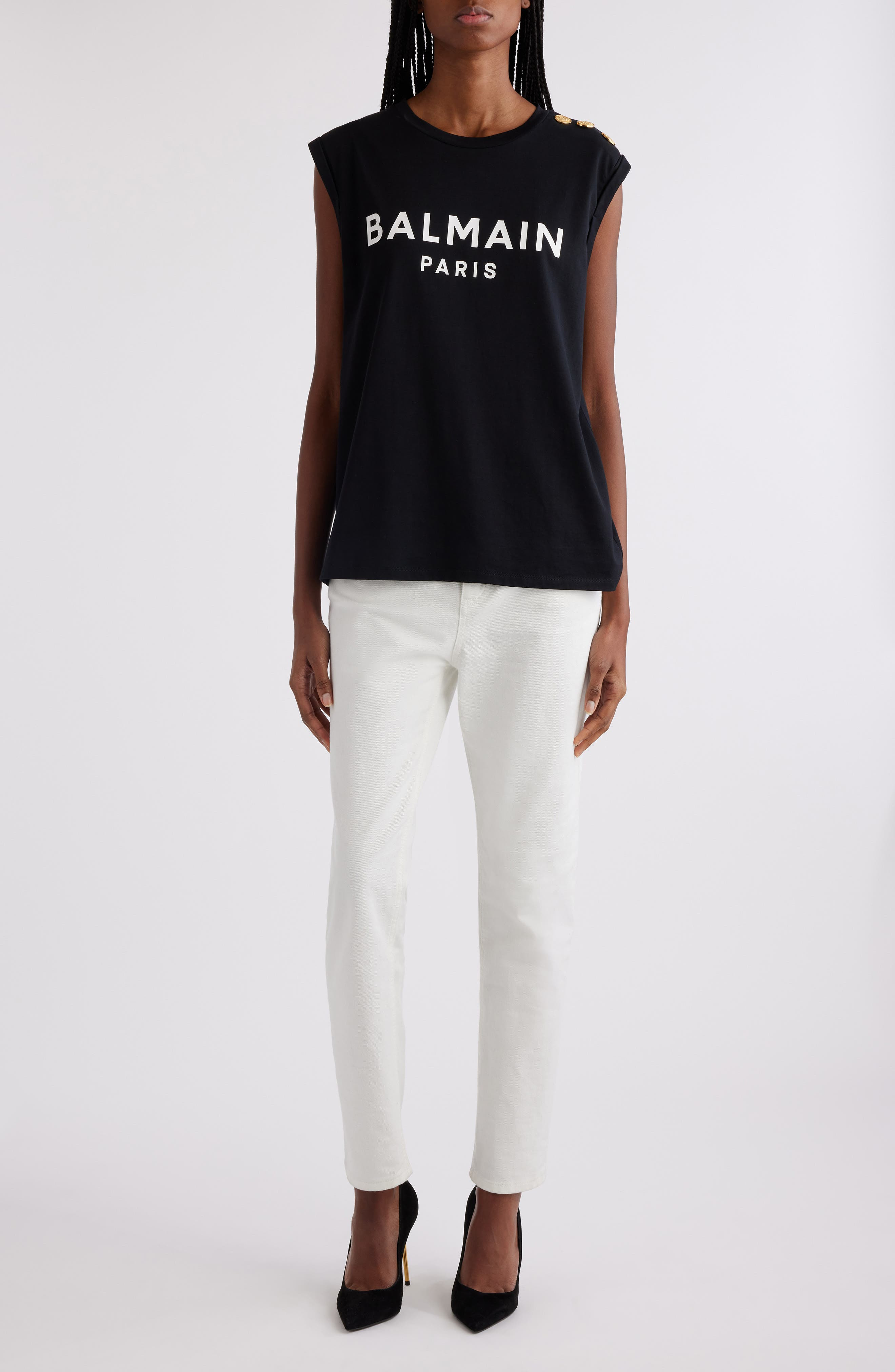 Balmain Cotton Logo Graphic Tank in Black/White at Nordstrom - 2