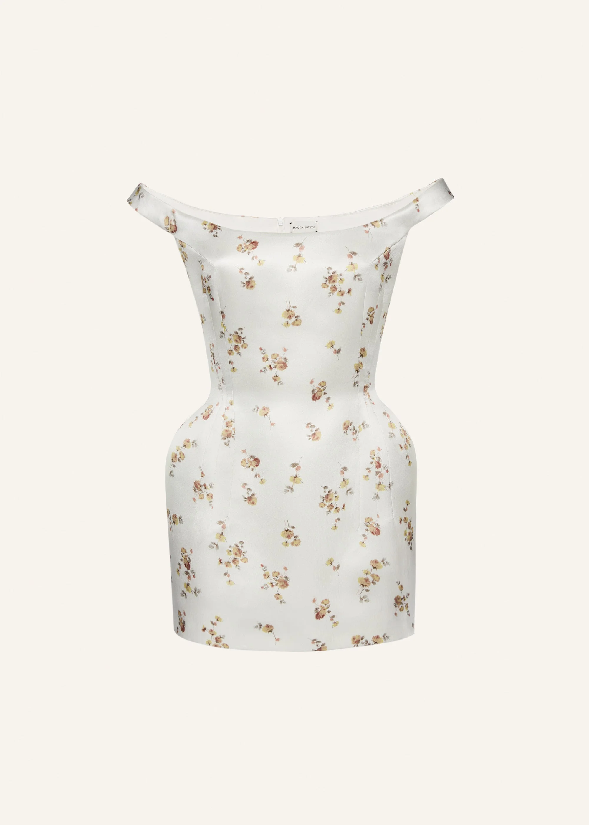 Off-shoulder hip pad midi dress in cream print - 1