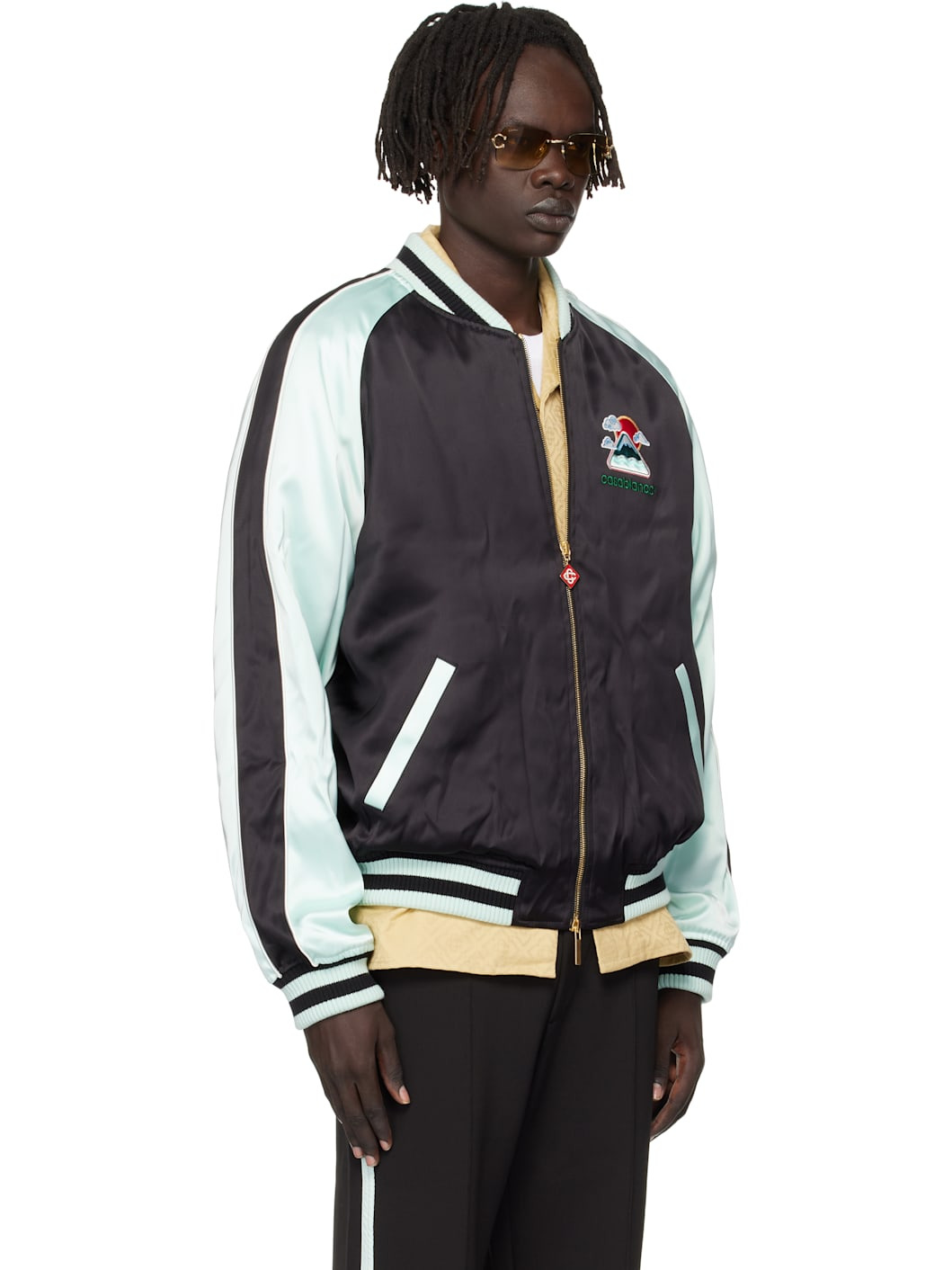 Green & Black Embroidered Satin Bomber Jacket - 2