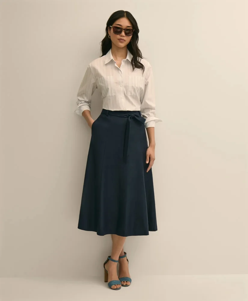 Linen-Blend Belted A-Line Skirt - 1