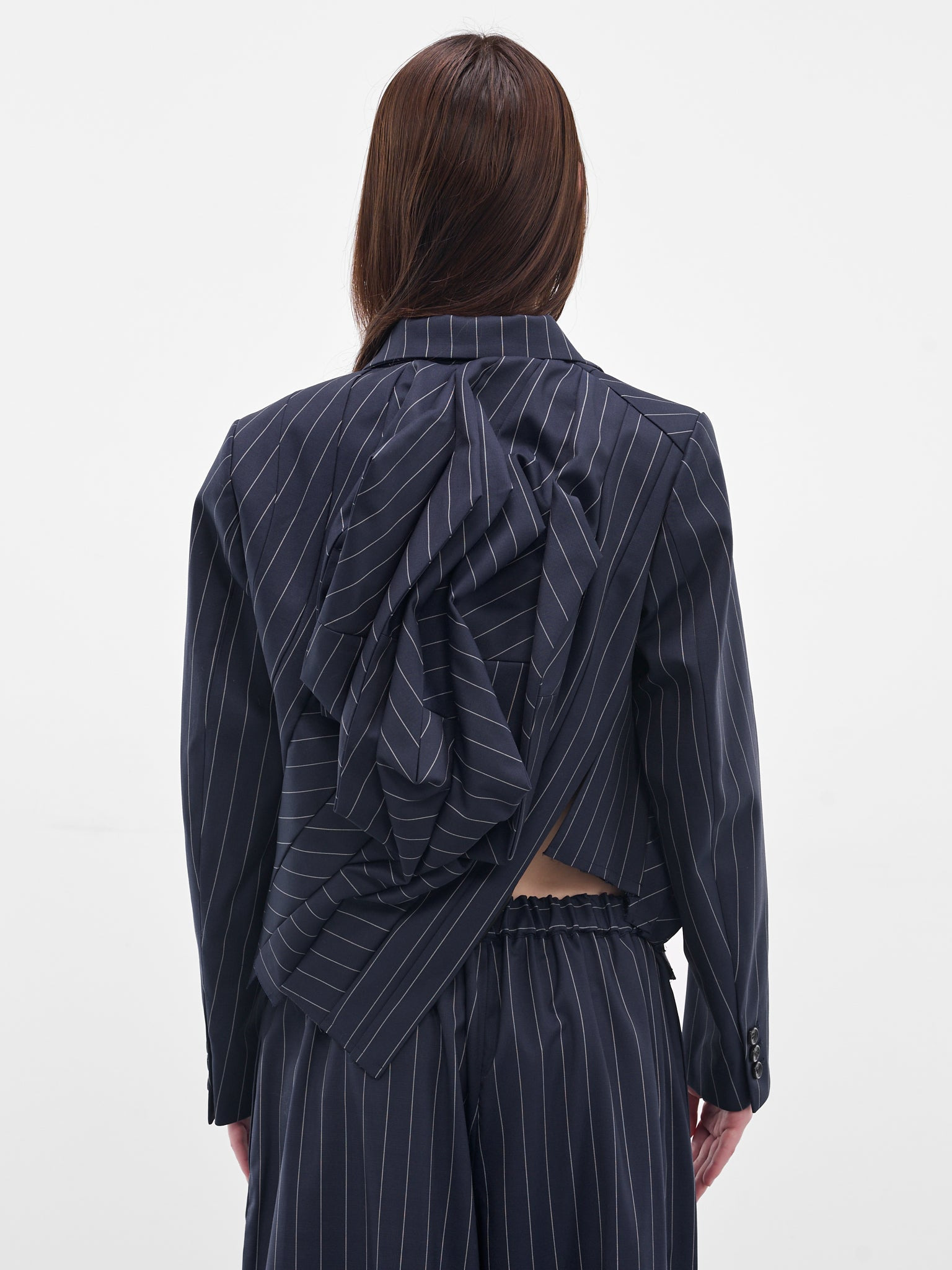 Navy Pinstripe Twisted Draping Blazer - 3
