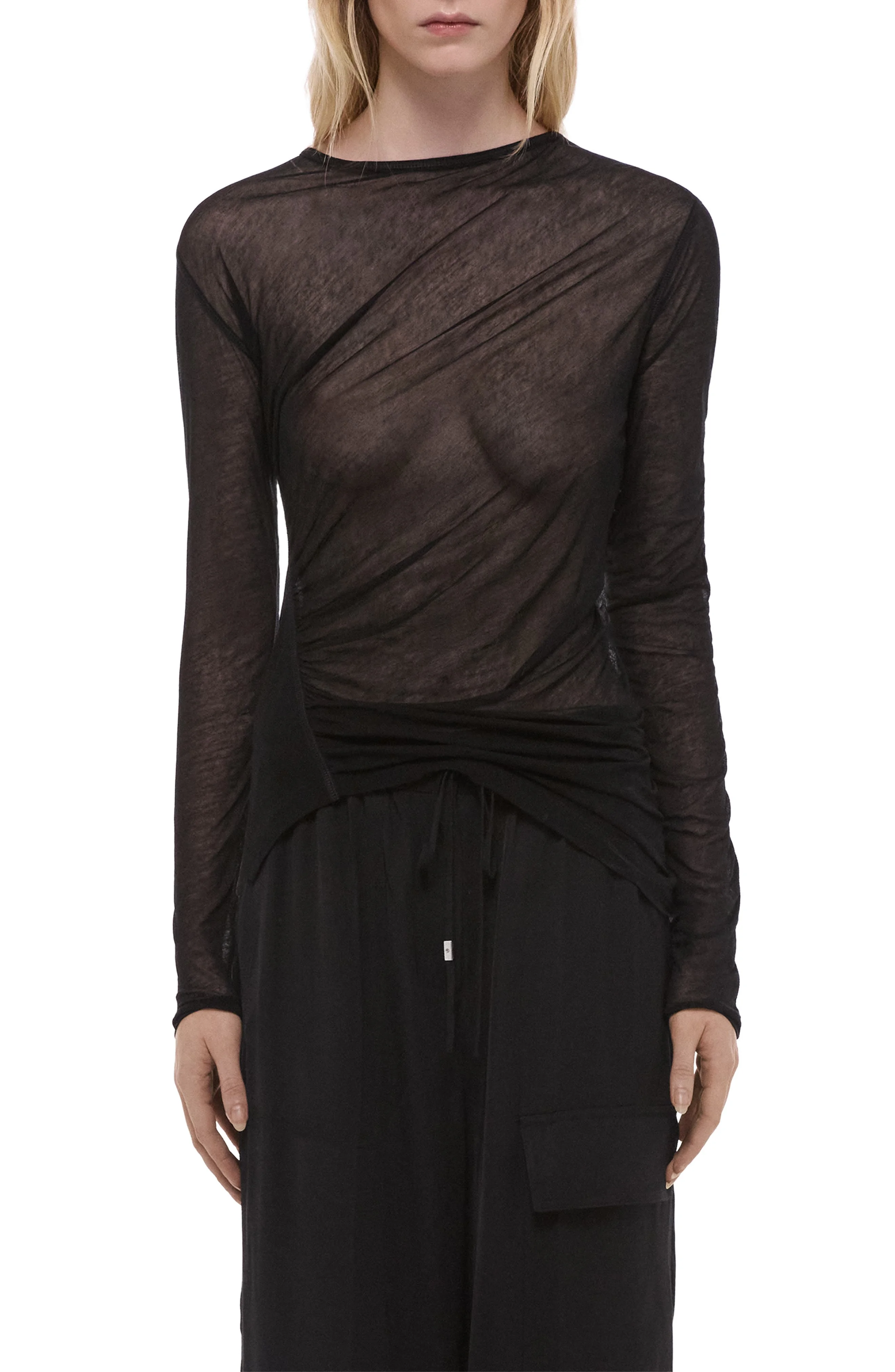 Helmut Lang Ruched Asymmetric Hem Cotton Top in Black at Nordstrom - 1