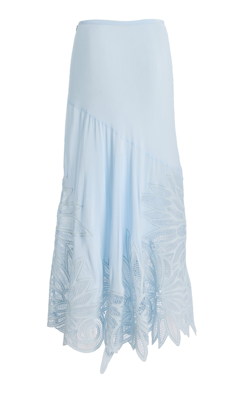 ULLA JOHNSON Oona Embroidered Silk Crepe De Chine Midi Skirt light blue outlook