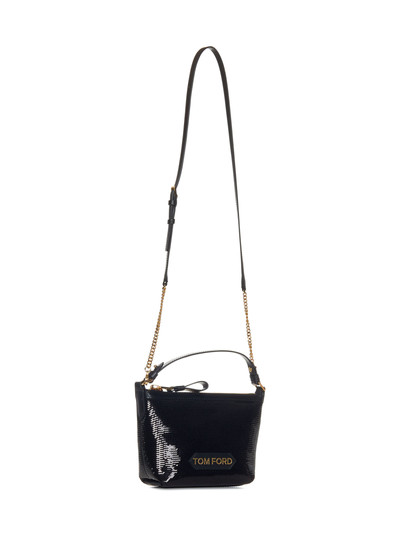 TOM FORD Black sequined small pouch bag with logo label at front and chain shoulder strap. outlook