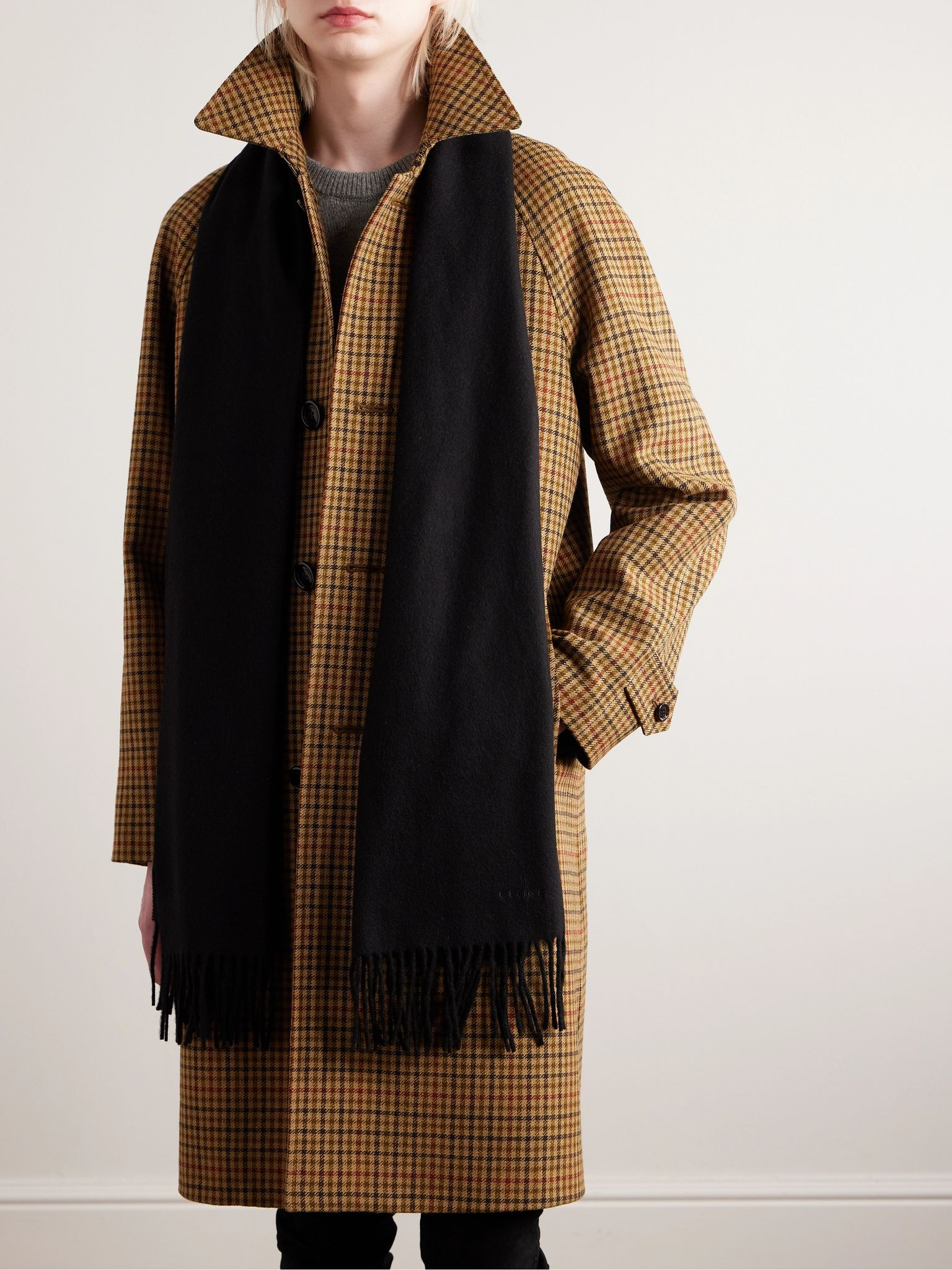 Logo-Embroidered Fringed Cashmere Scarf Black - 2