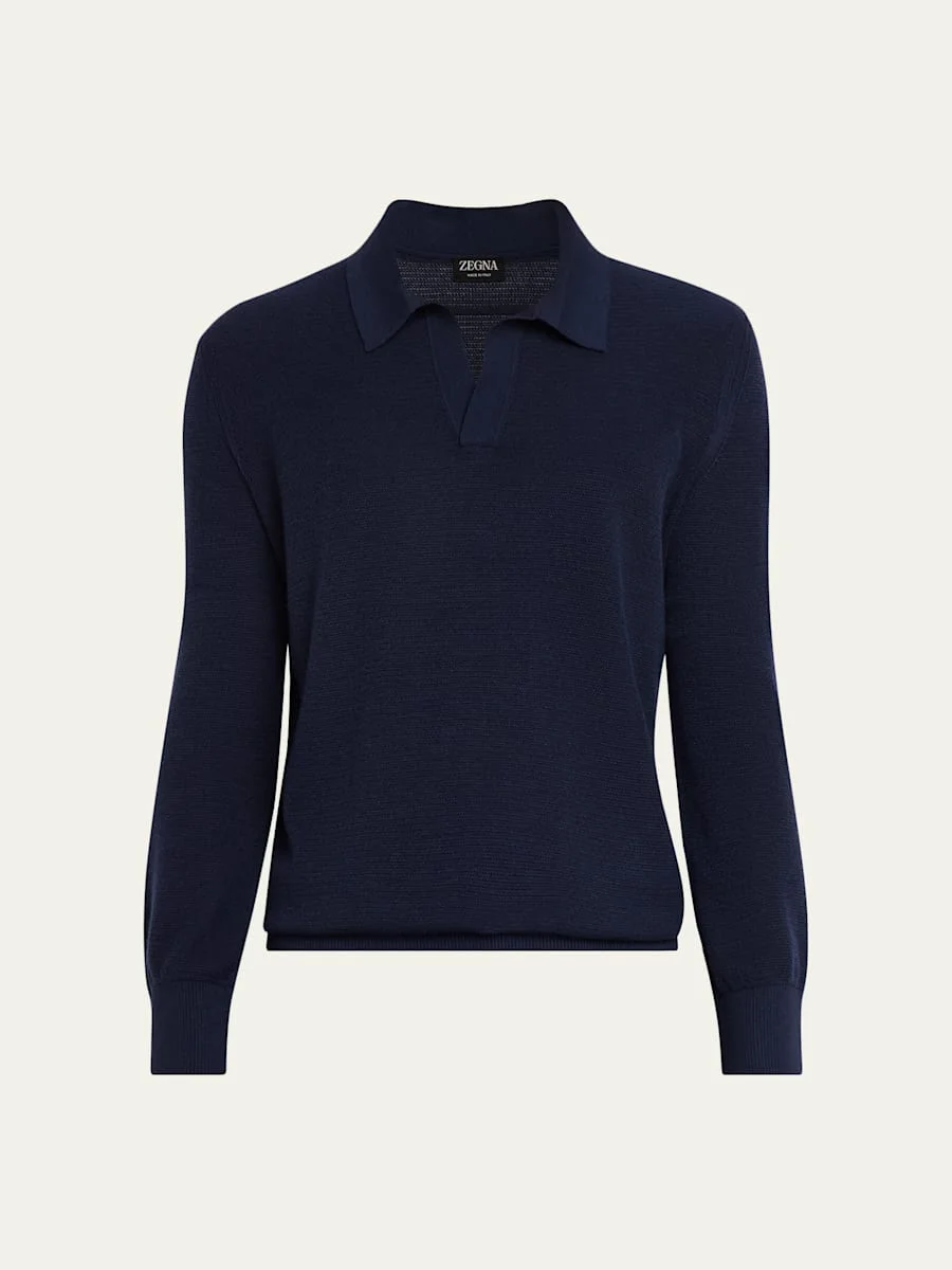 Men's Cashmere and Mulberry Silk Waffle Knit Polo Sweater - 1