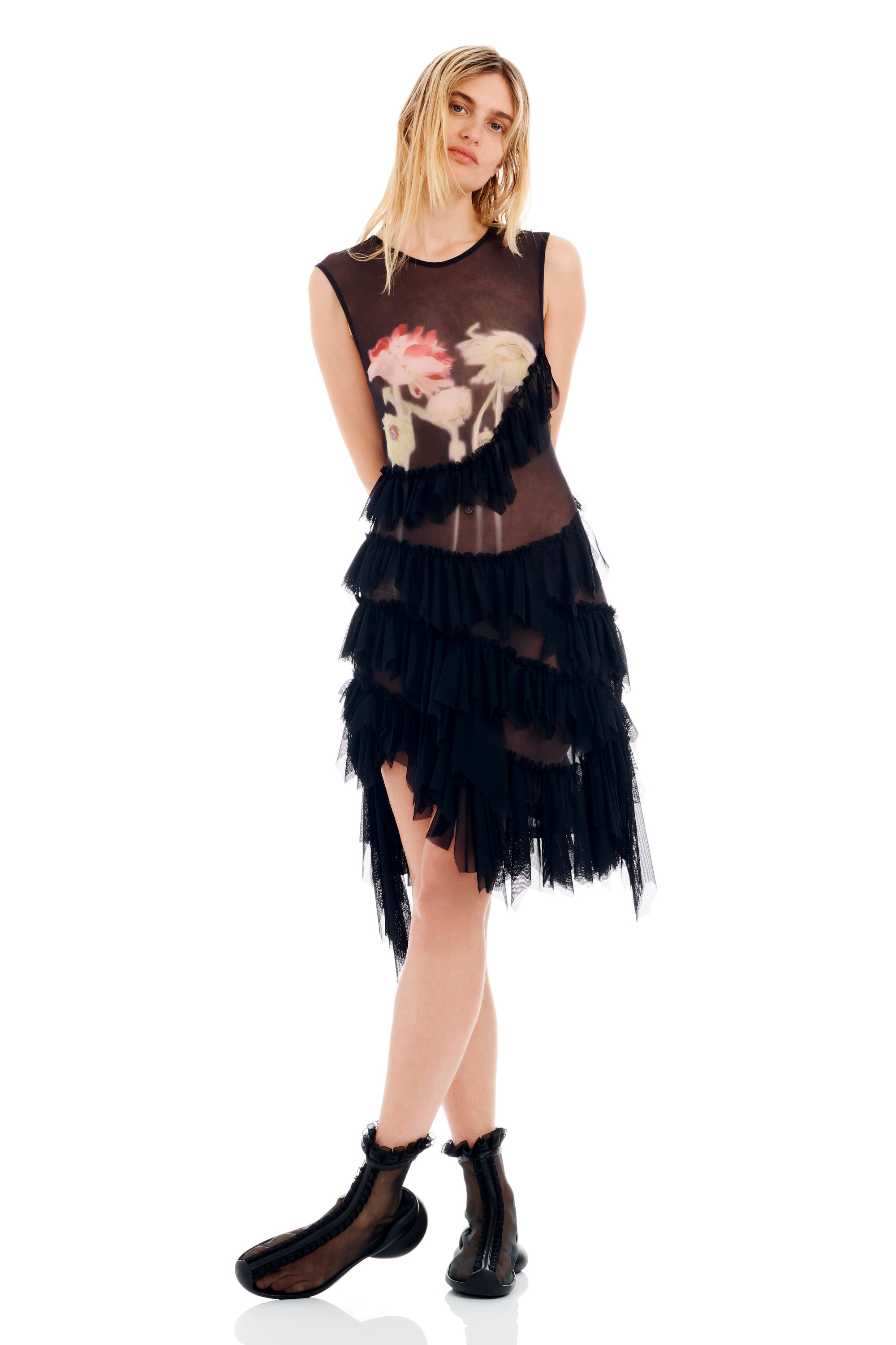 BLACK FLOWER DRIP NETTLE DRESS - 2