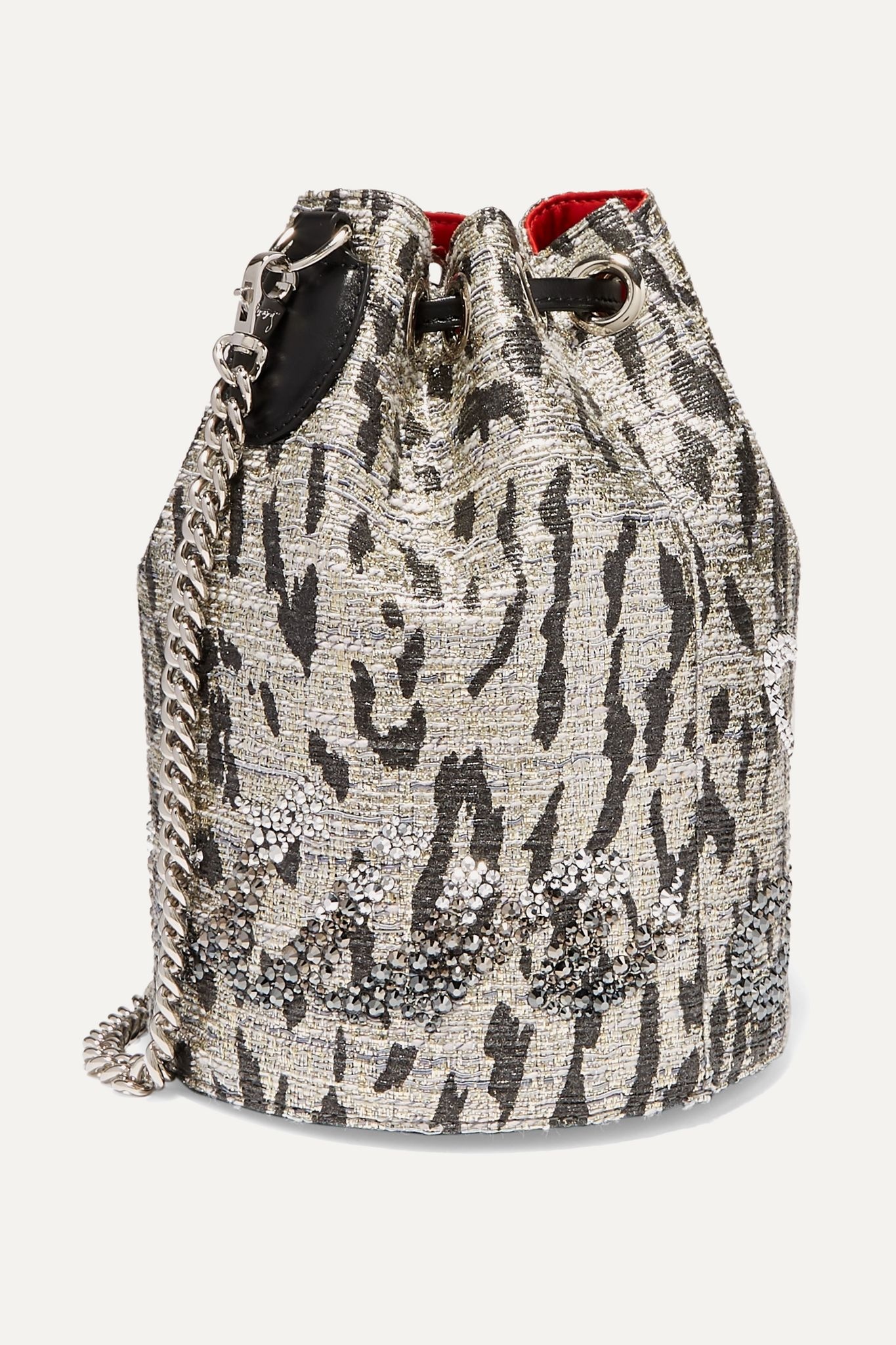 Marie Jane leather-trimmed crystal-embellished metallic tweed bucket bag - 3