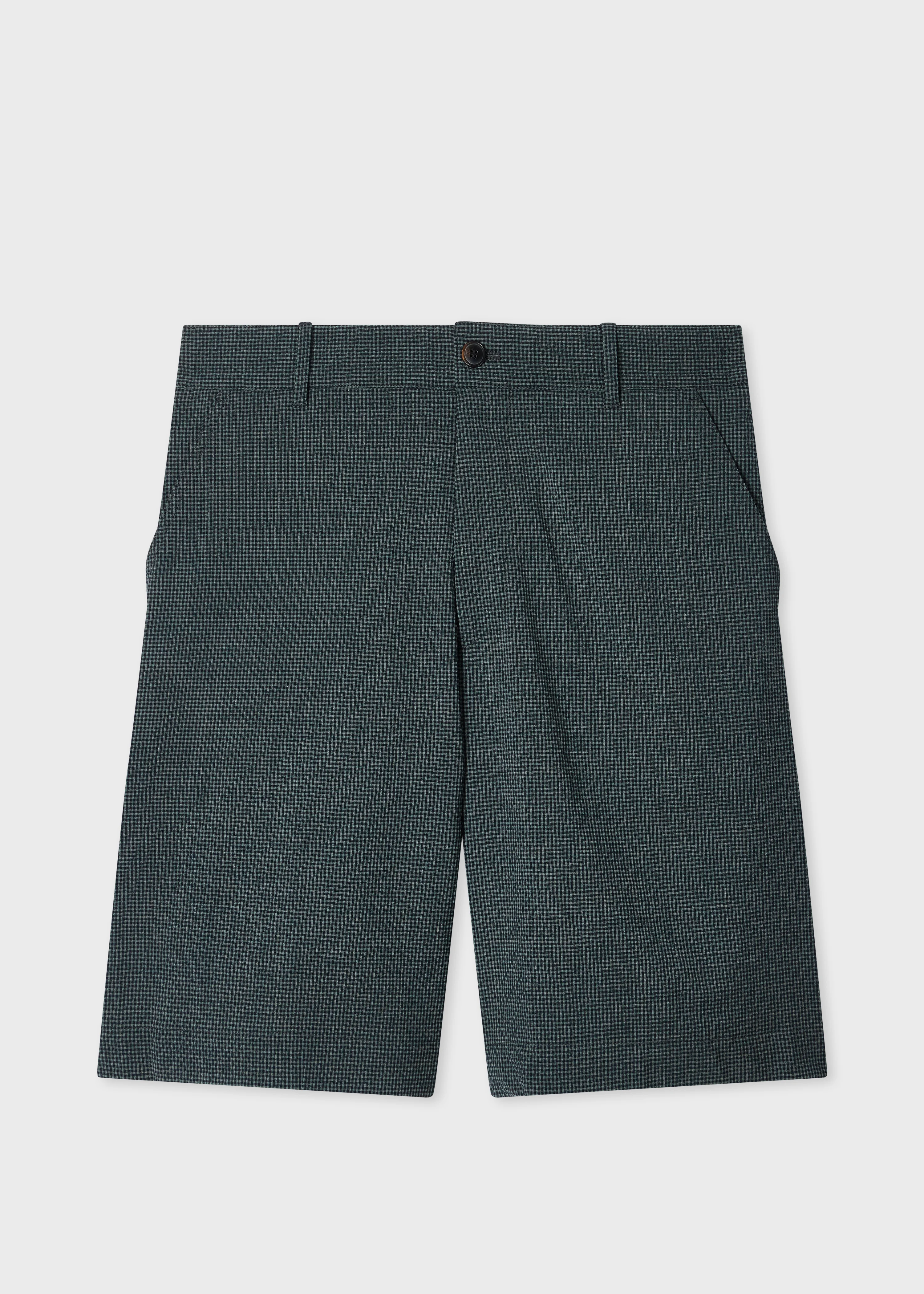 Dark Green Stretch-Wool Seersucker Check Shorts - 1