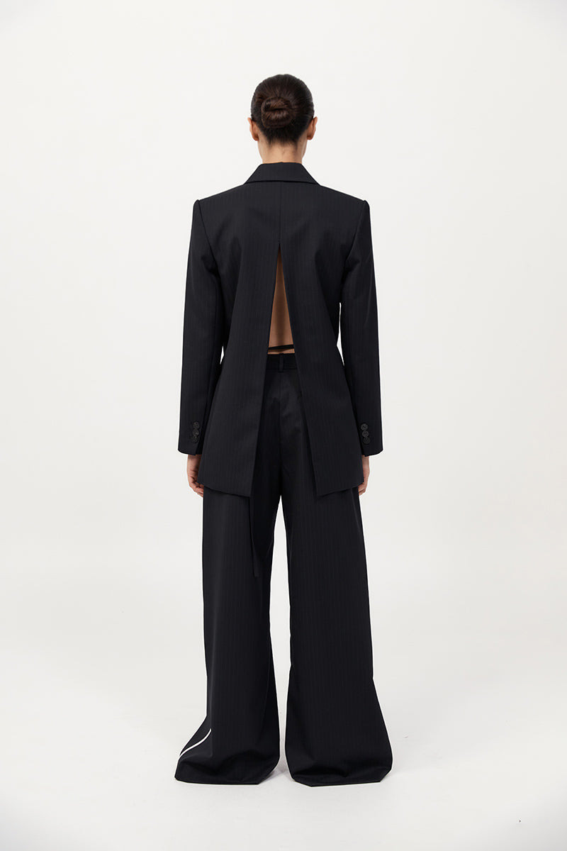 Split Back Blazer - Black Pinstripe - 8