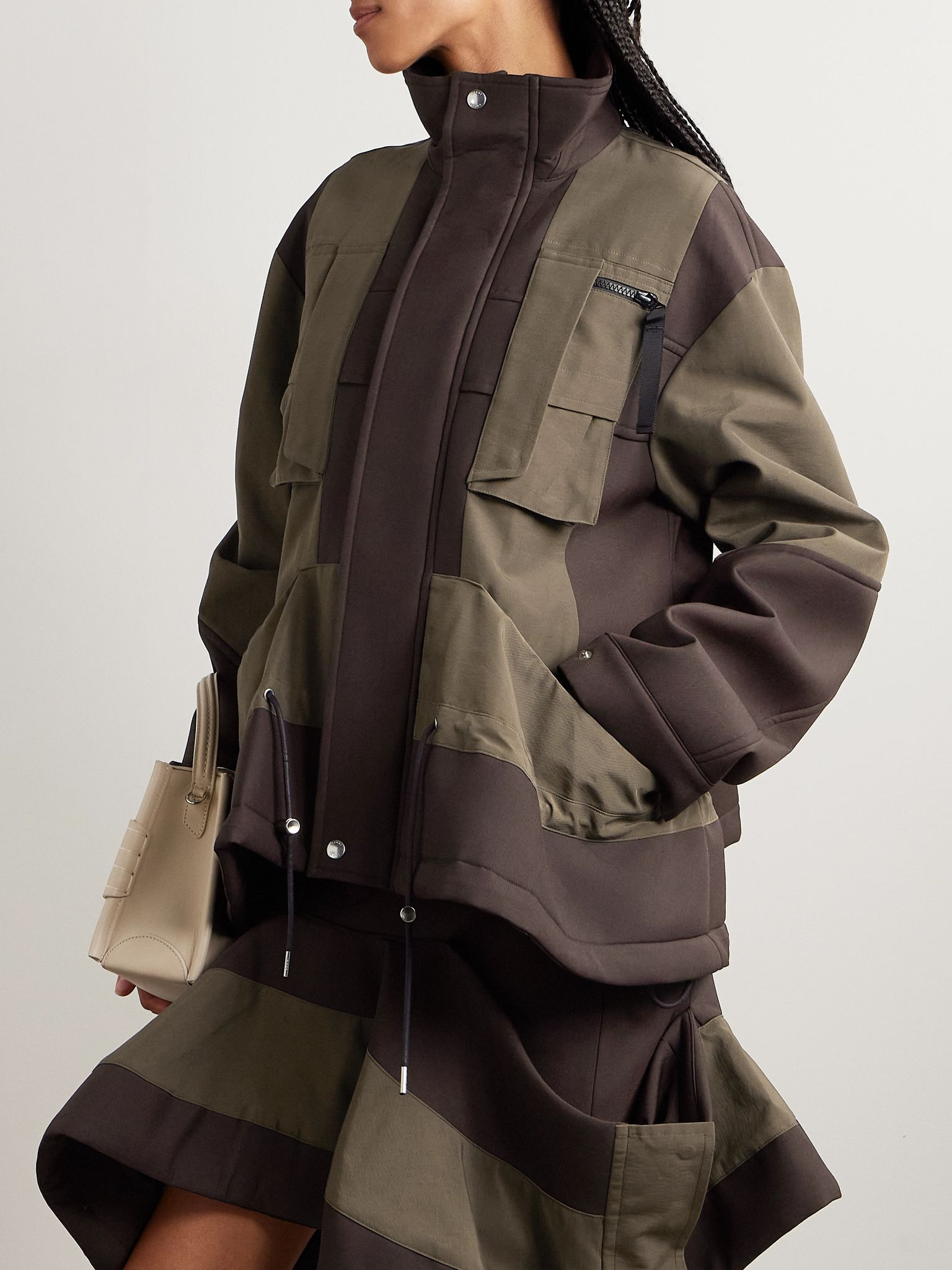 Draped paneled scuba and cotton-blend grosgrain jacket Brown - 3