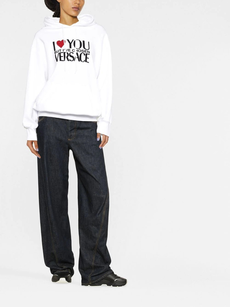 VERSACE crystal-embellished slogan hoodie outlook