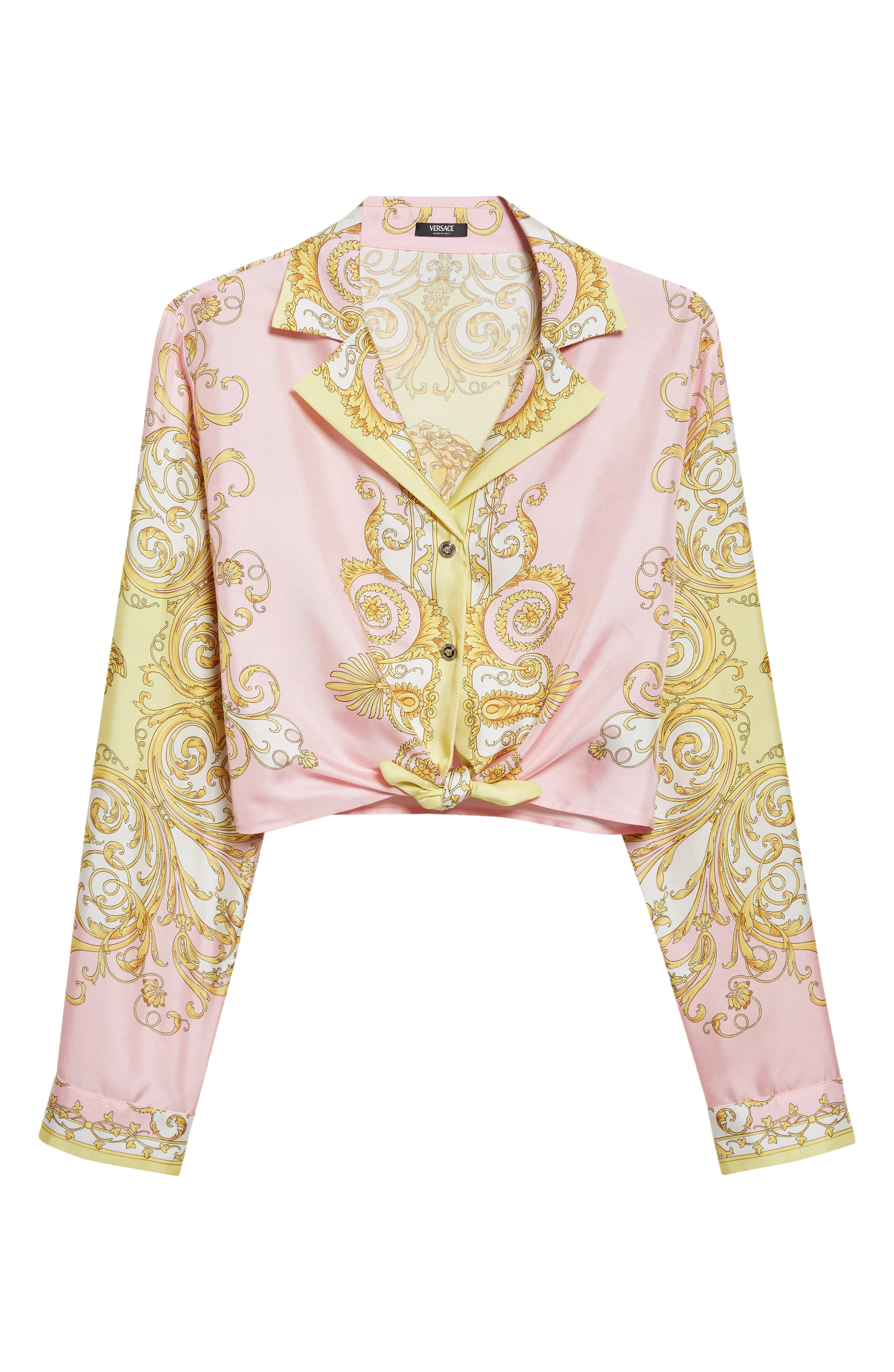 Versace Barocco Crop Silk Button-Up Shirt in Pale Yellow Rose Quartz at Nordstrom - 1