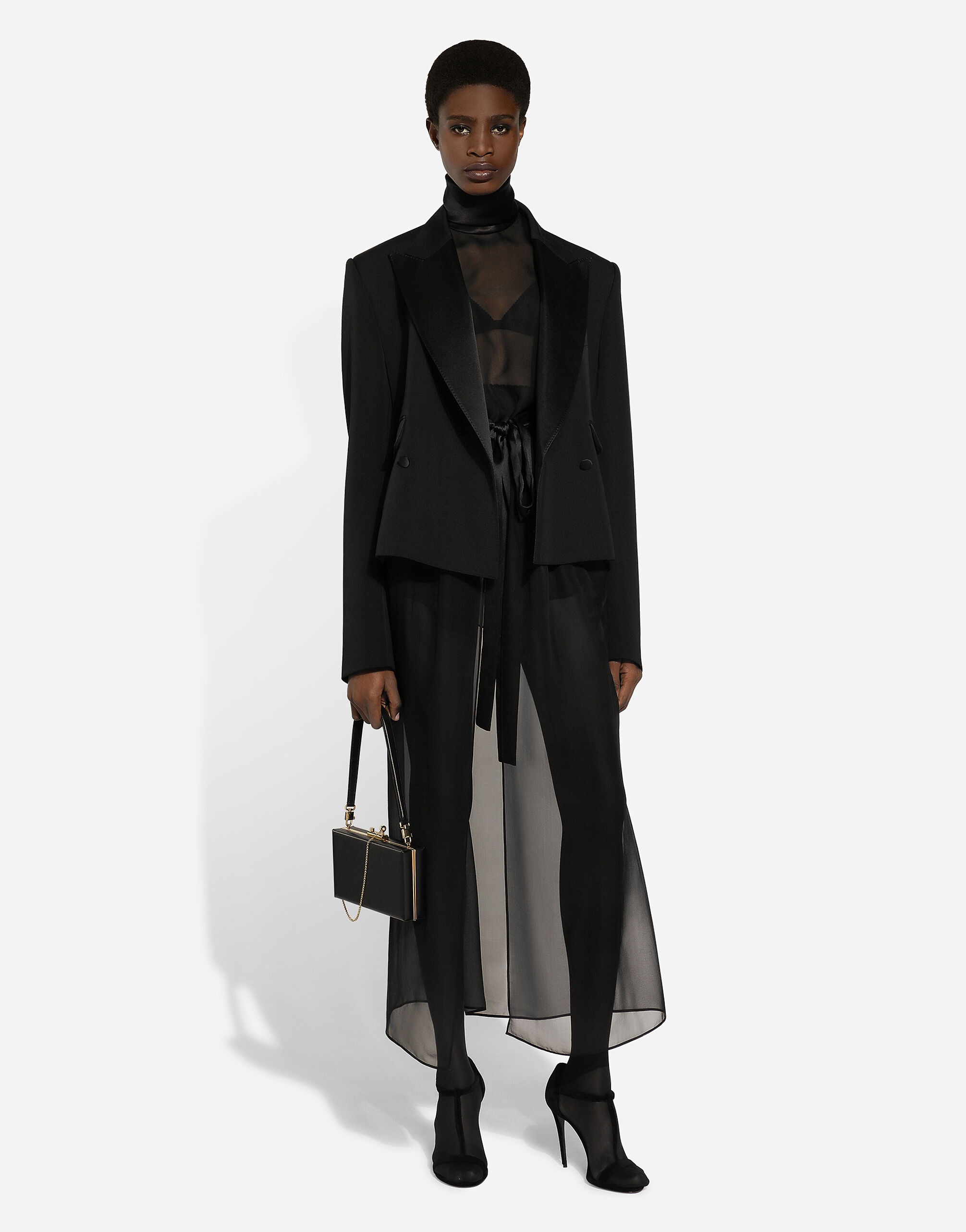 Short double-breasted wool gabardine tuxedo jacket - 6