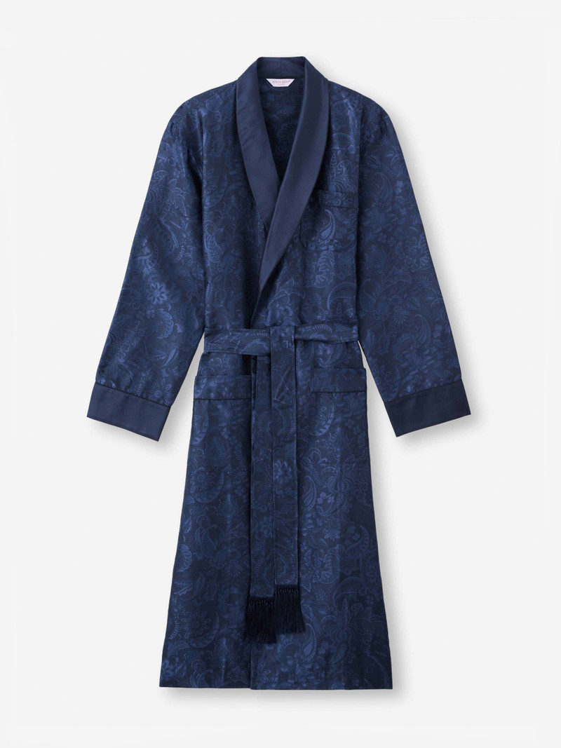 Derek Rose Men's Robe Silk Jacquard Navy Jungle Paisley Pattern outlook