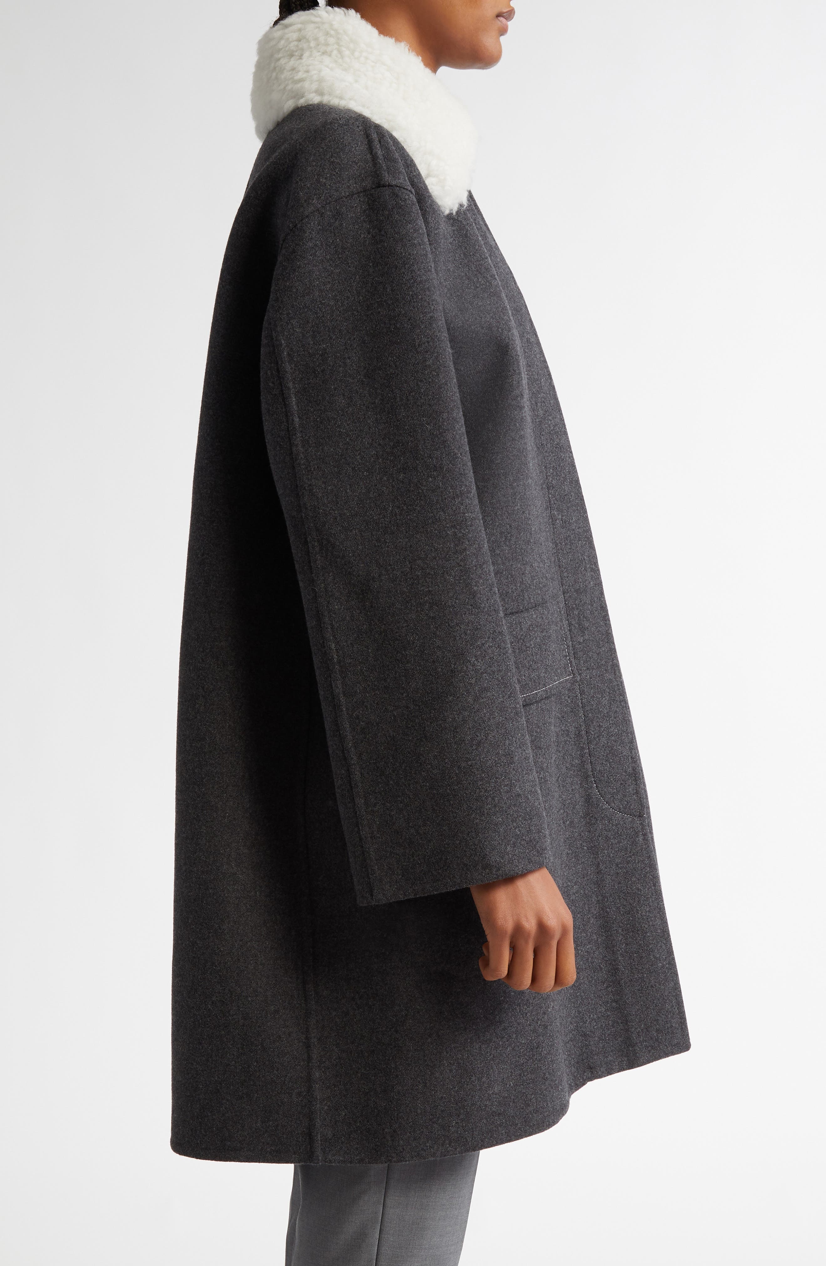 Thom Browne Bal Wool & Cashmere Coat with Removable Genuine Shearling Collar in Medium Grey at Nords - 5