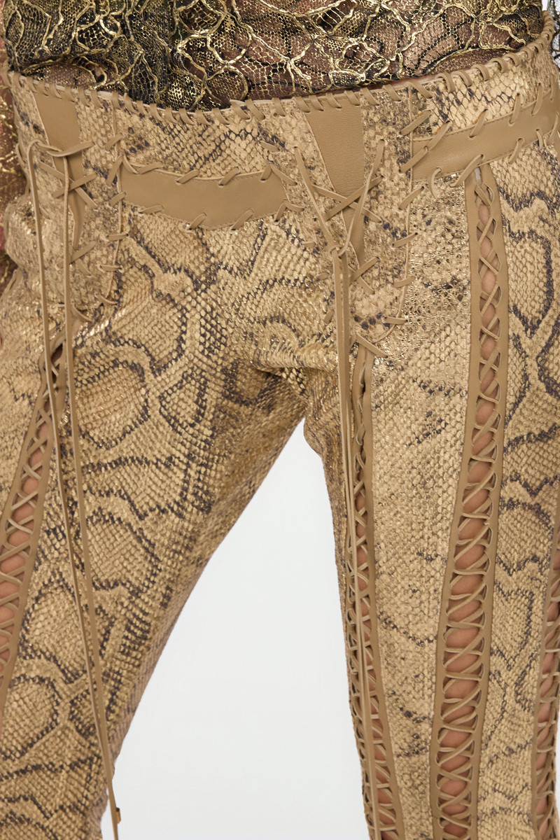 Gold Leather Pants with Python Print and Cut-Out Details 6