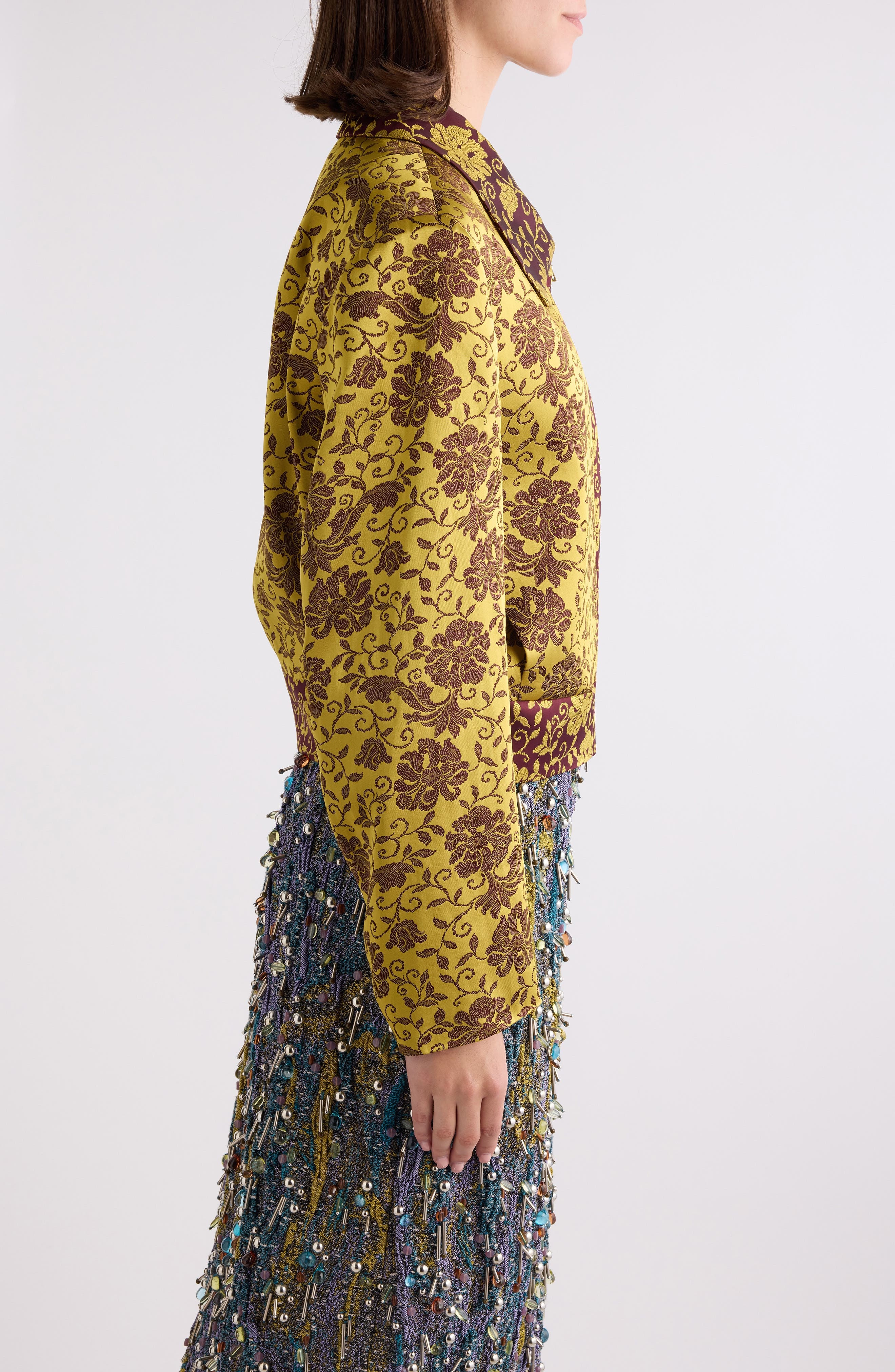 Dries Van Noten Floral Jacquard Crop Satin Jacket in Ocra at Nordstrom - 4