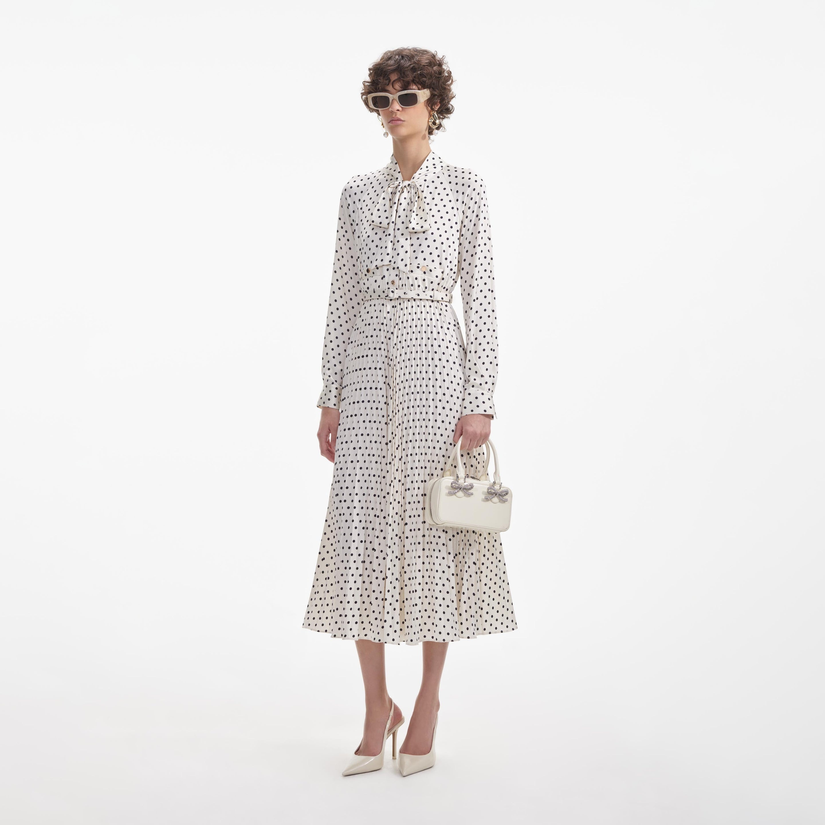 Cream Polka Dot Satin Midi Dress - 2