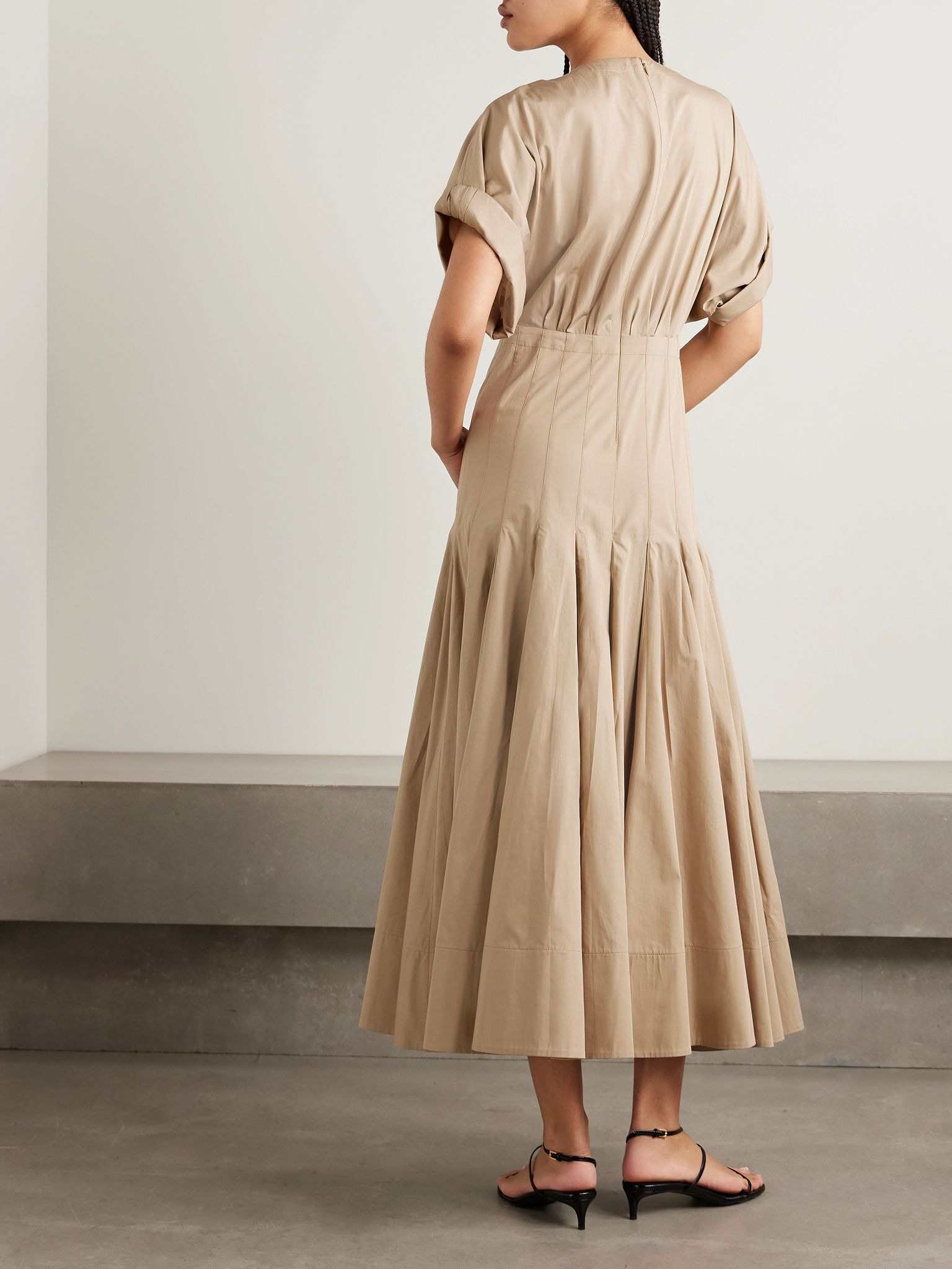 Ciara pleated cotton-blend poplin midi dress Beige - 3
