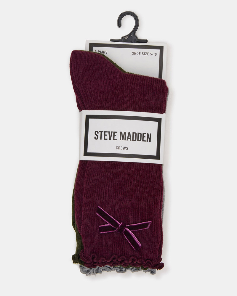 3 PACK FOLLY VELVET BOW RIB CREW SOCKS CHERRY 3