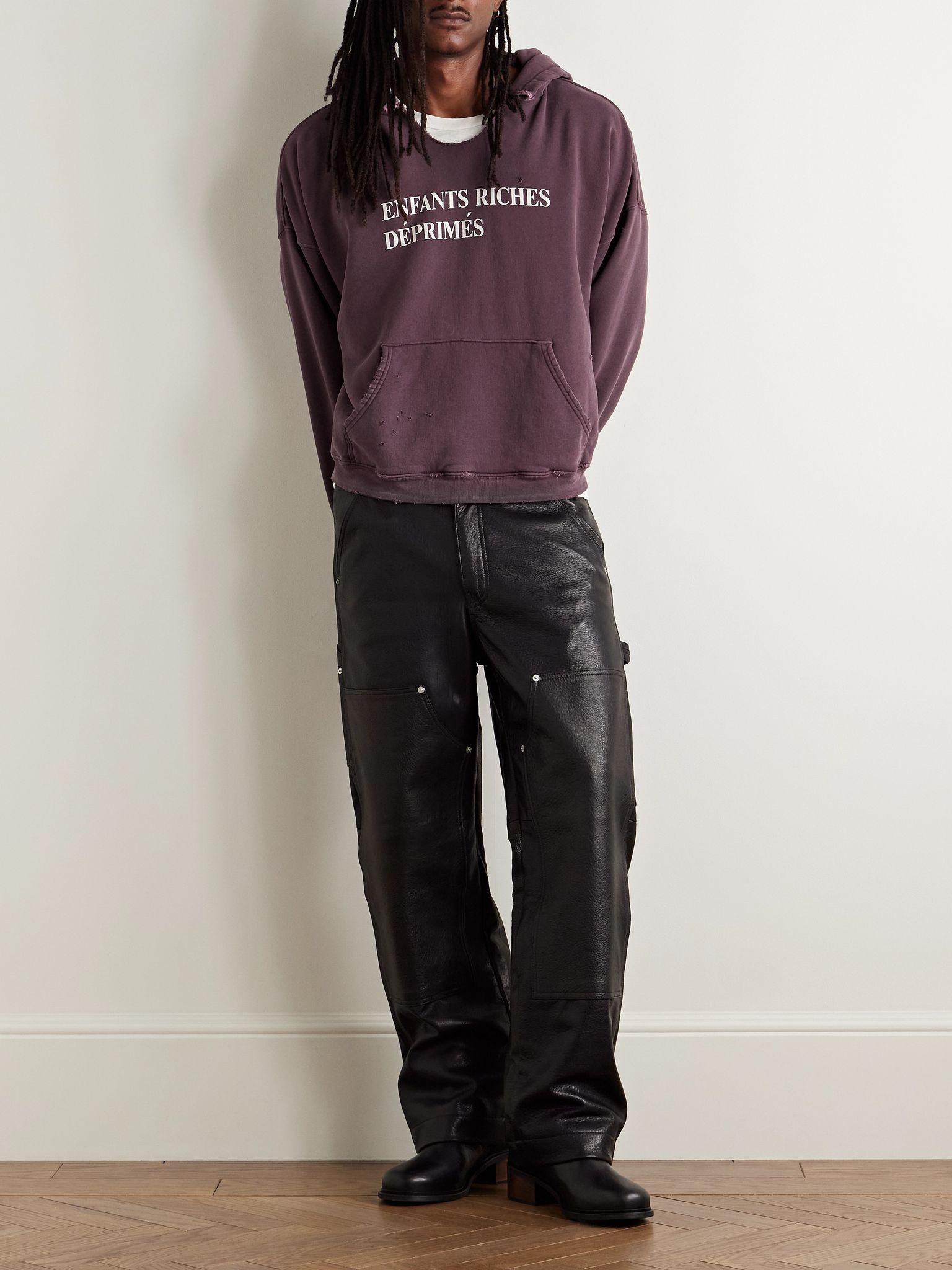 Distressed Logo-Print Cotton-Jersey Hoodie Purple - 2