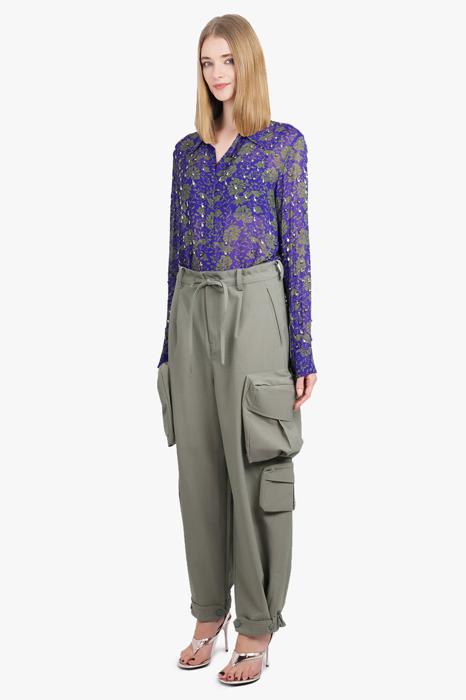 WIDE LEG COTTON CARGO PANTS | STONE GREEN - 3