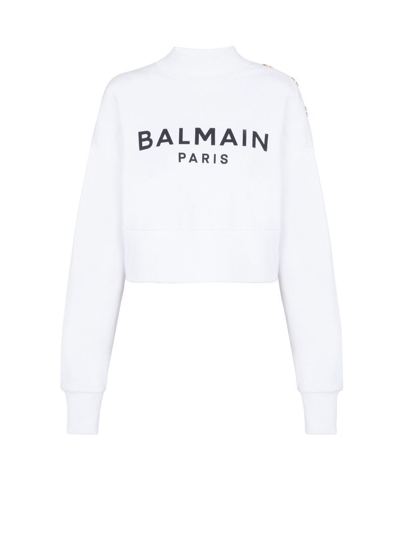 Eco-responsible cotton cropped sweatshirt with Balmain logo print - 1