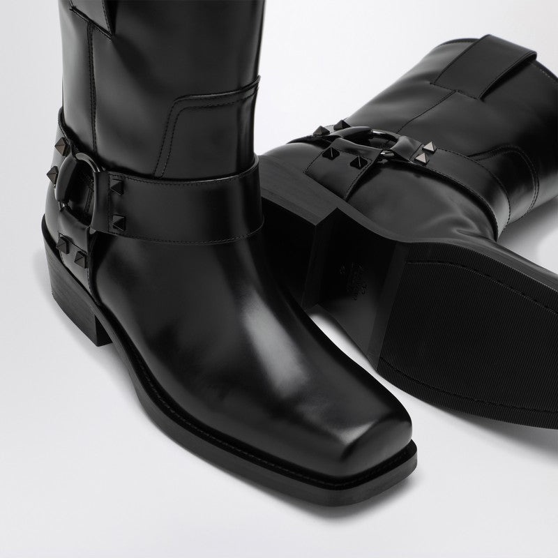 Valentino Garavani Black Leather Biker Rockstud Low Boot Women - 4