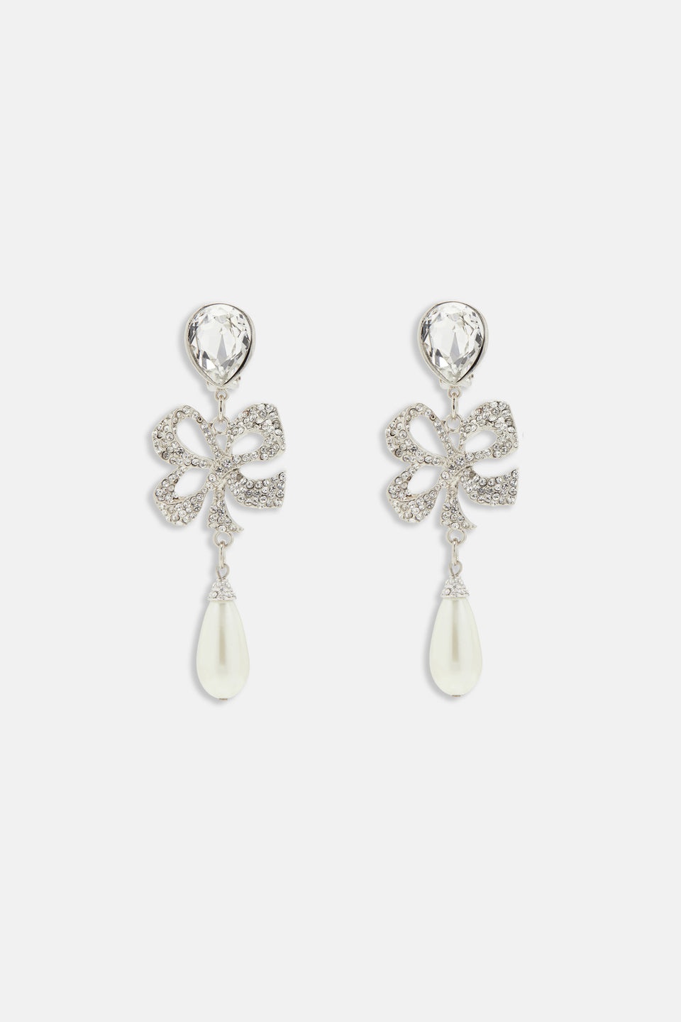CRYSTAL BOW EARRINGS WITH PENDANT PEARL - 1