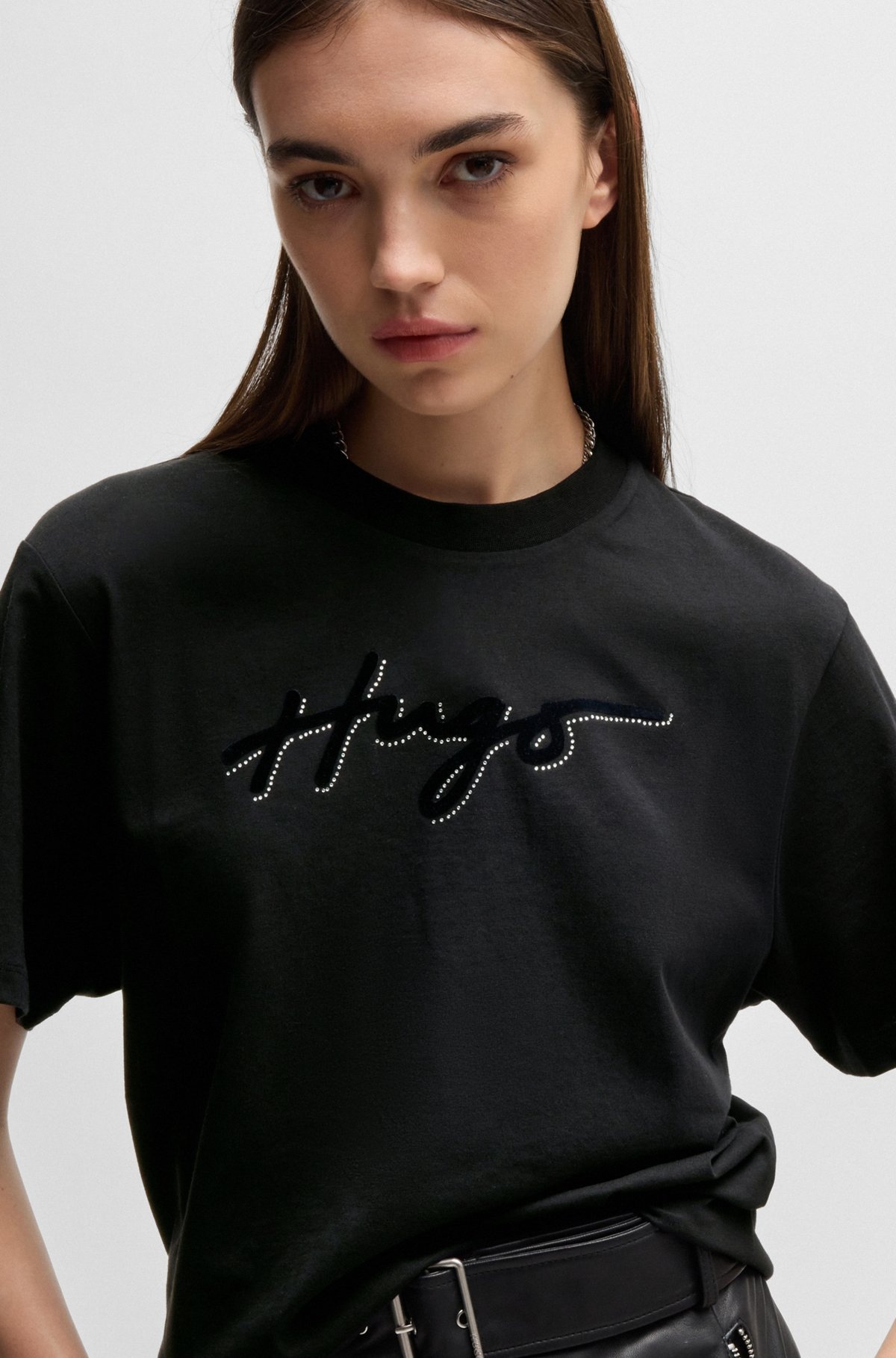 COTTON T-SHIRT WITH FLOCK PRINT AND RHINESTONES - 5