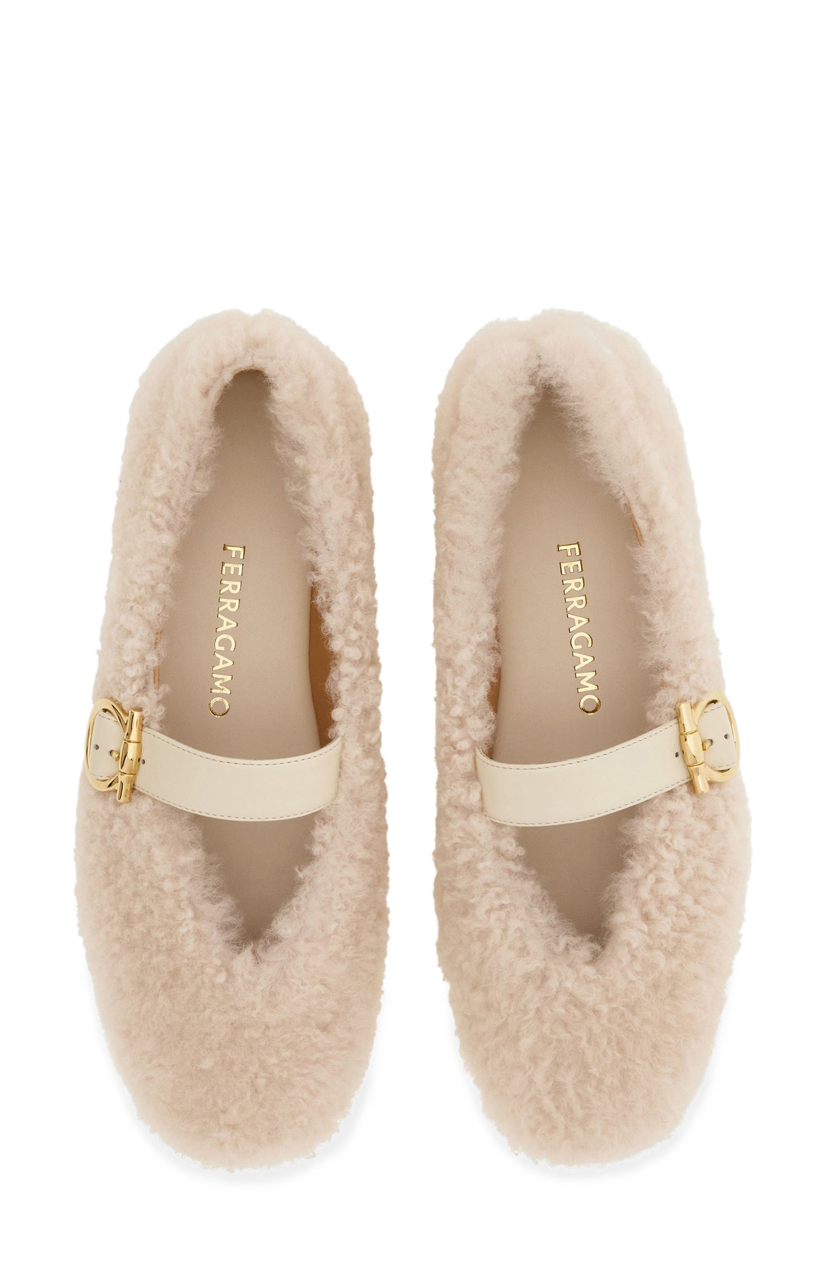 FERRAGAMO Gancio Genuine Shearling Ballet Flat in Merinillo Carino Mascarpone at Nordstrom - 5