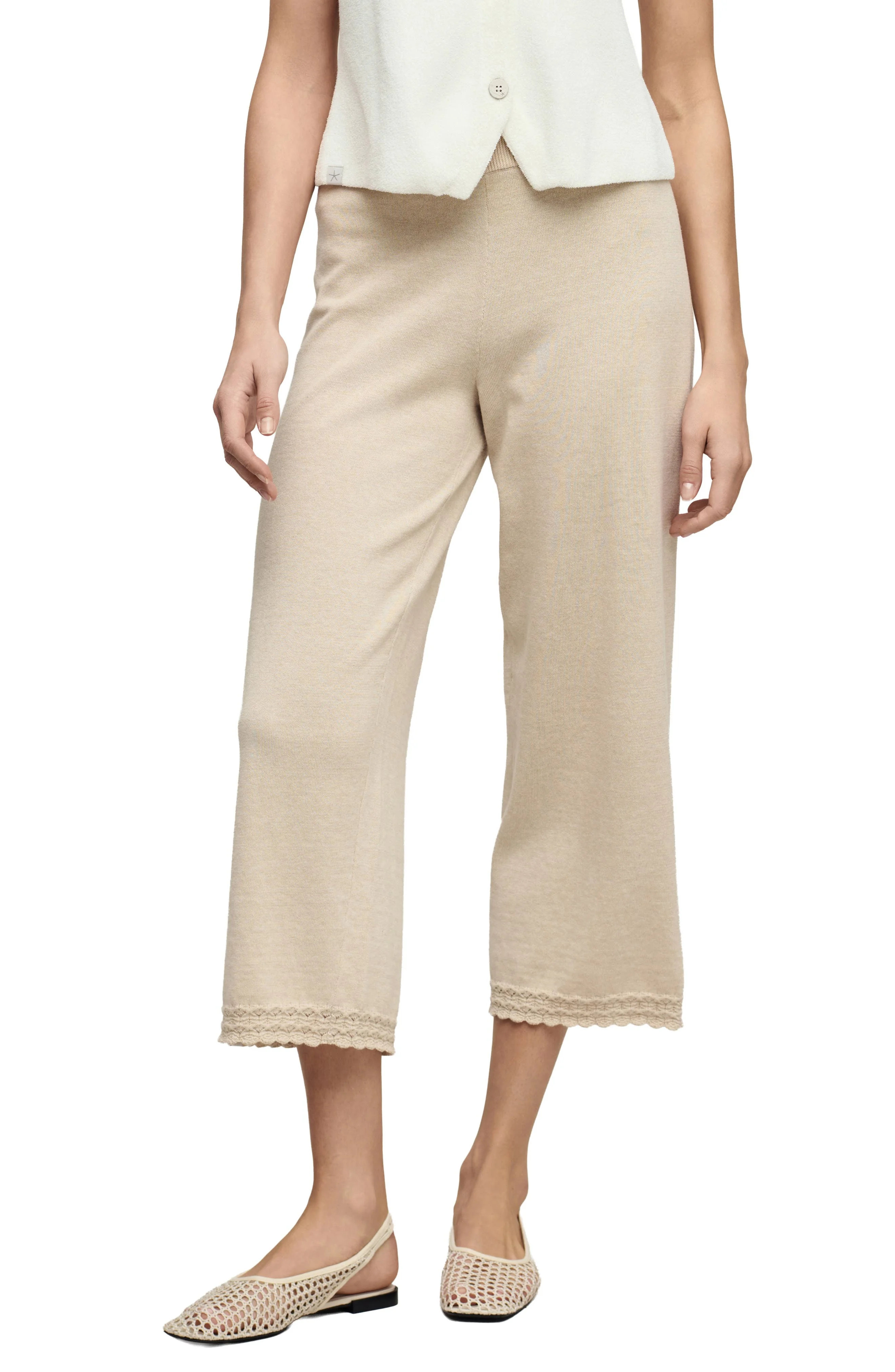 barefoot dreams Pointelle Hem Cotton Crop Pants in Heather Stone - 1