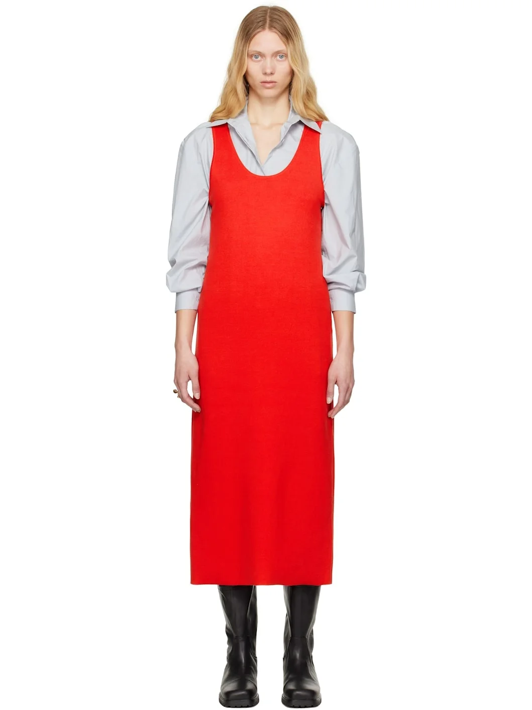 Red Cotton Silk Stretch Knit Midi Dress - 1