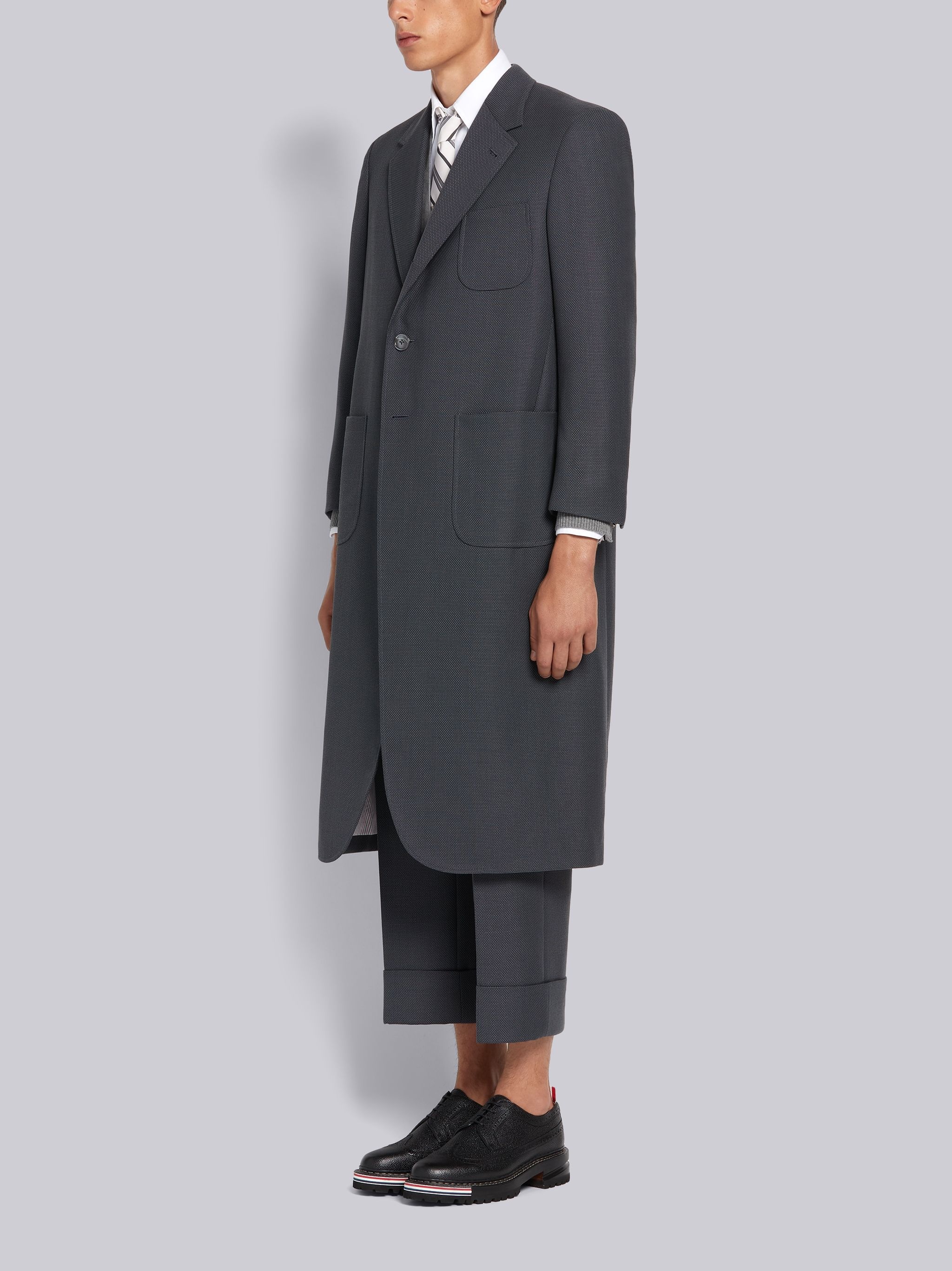 Dark Grey Wool Hopsack School Uniform Weave Oversized Wide Lapel Sack Overcoat - 2