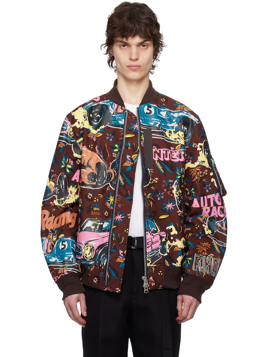 Multicolor Car Race Tropical Print Bomber Jacket - 1