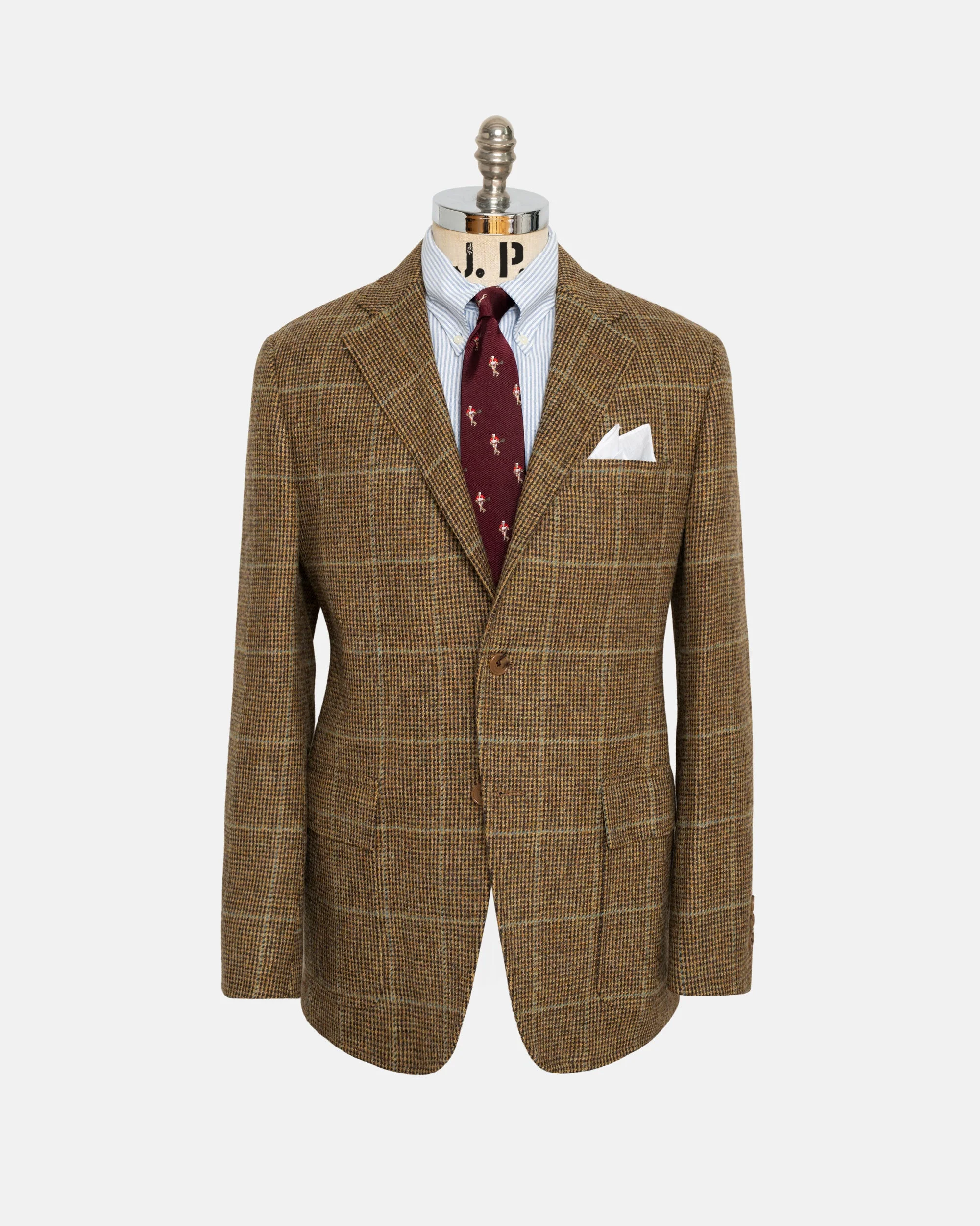 MADE-IN-USA LIGHT BROWN TIC WEAVE WINDOWPANE CHEVIOT TWEED SPORT COAT - 1