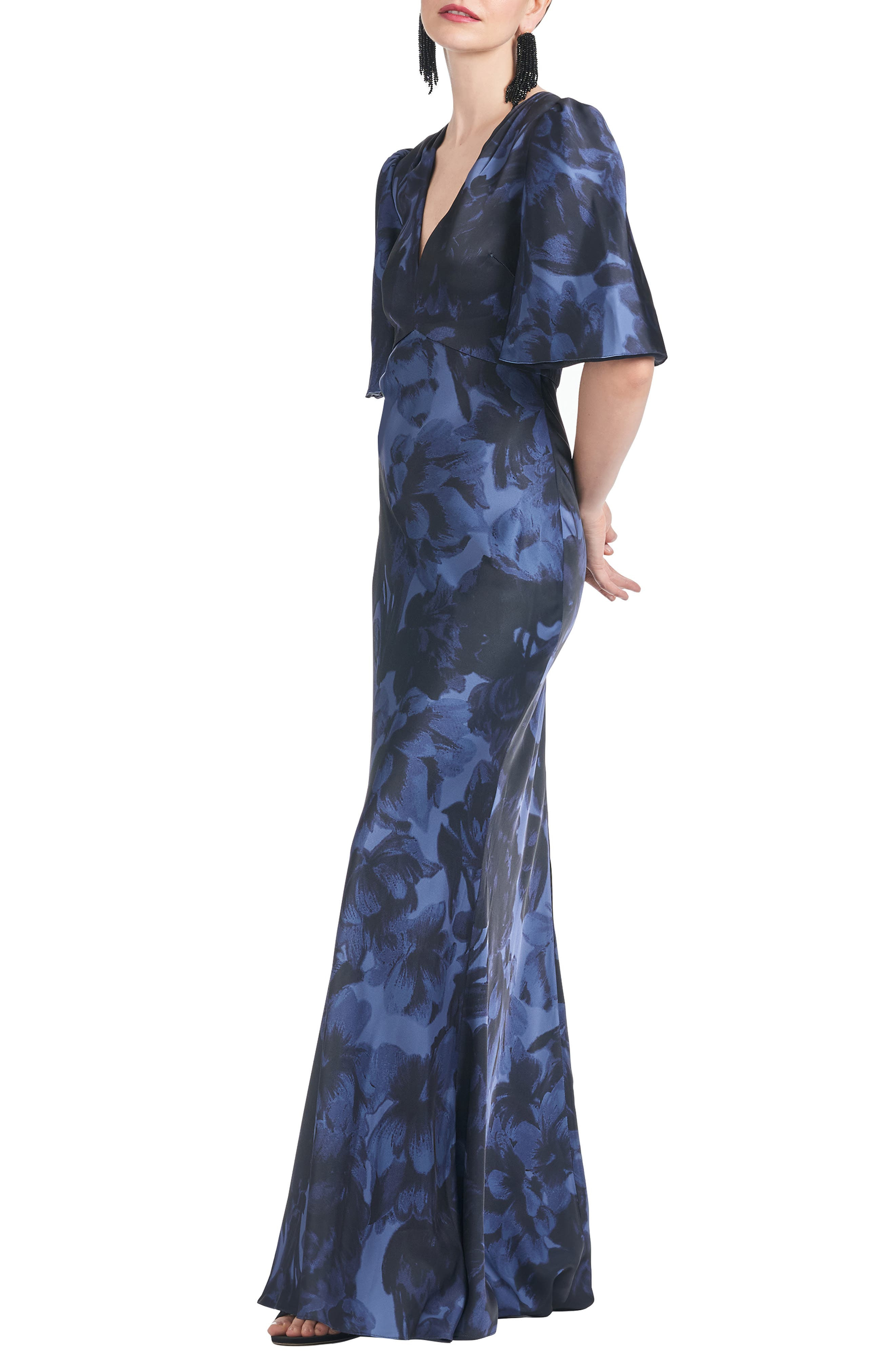 Sachin & Babi Mae Floral Print Satin Crepe Trumpet Gown in Deep Ocean Bouquet at Nordstrom - 3