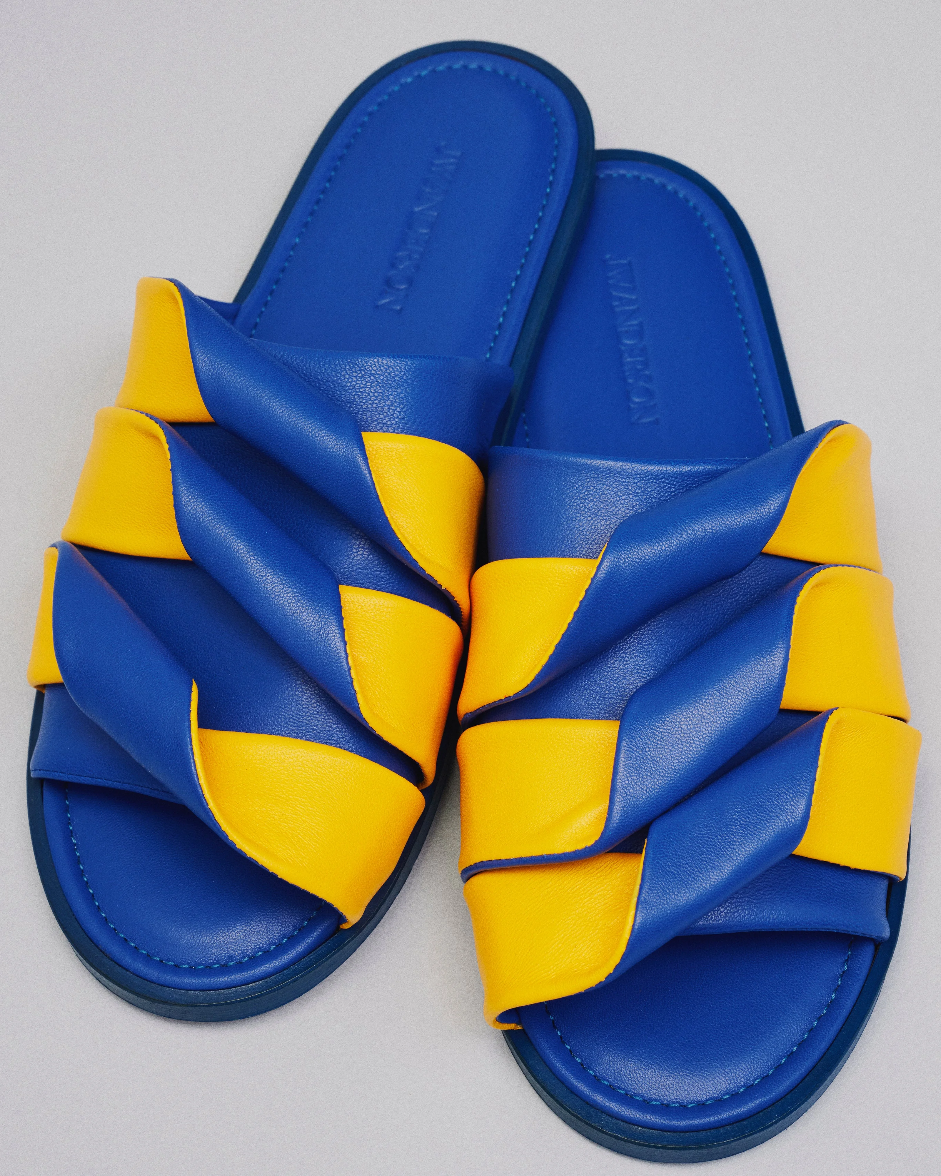 WOMENS CONTRASTING LEATHER COIL SLIDE IN BLUE & YELLOW - 1