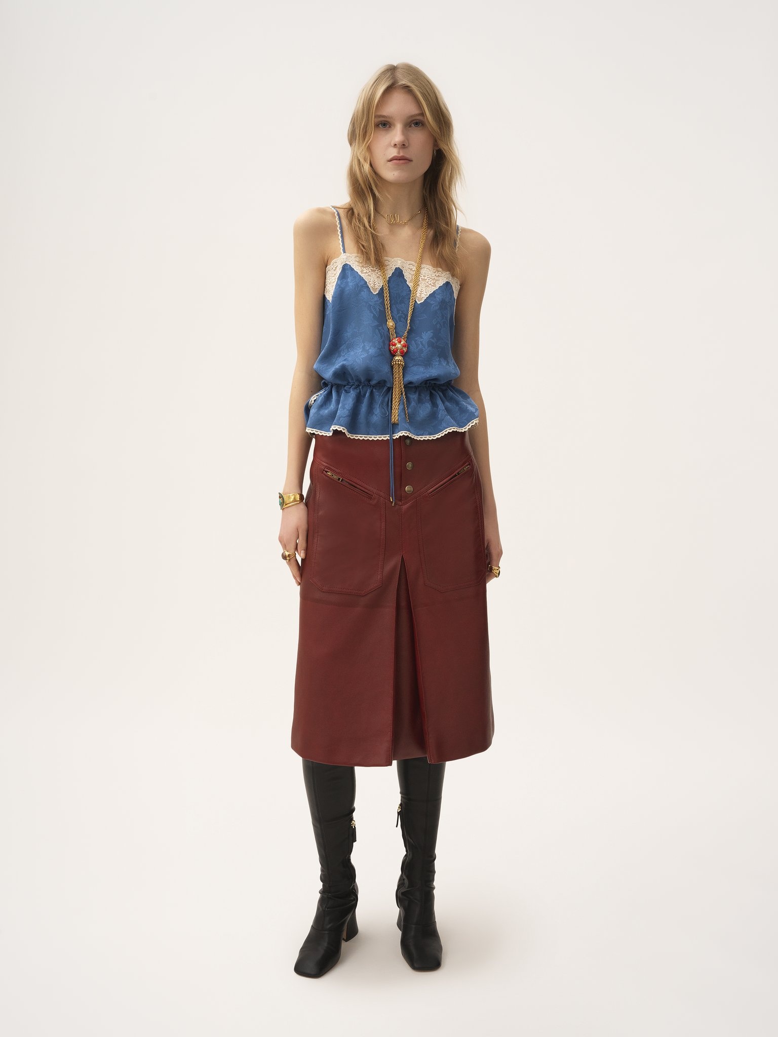 DRAWSTRING CAMISOLE TOP IN SILK JACQUARD & LACE - 3
